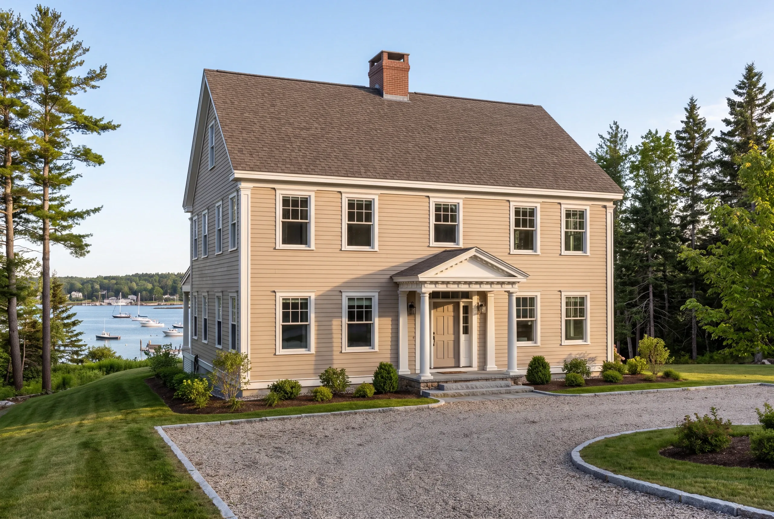 Residential home builder Belfast Maine: tan two-story colonial with a brick chimney and pedimented entry above a harbor with boats