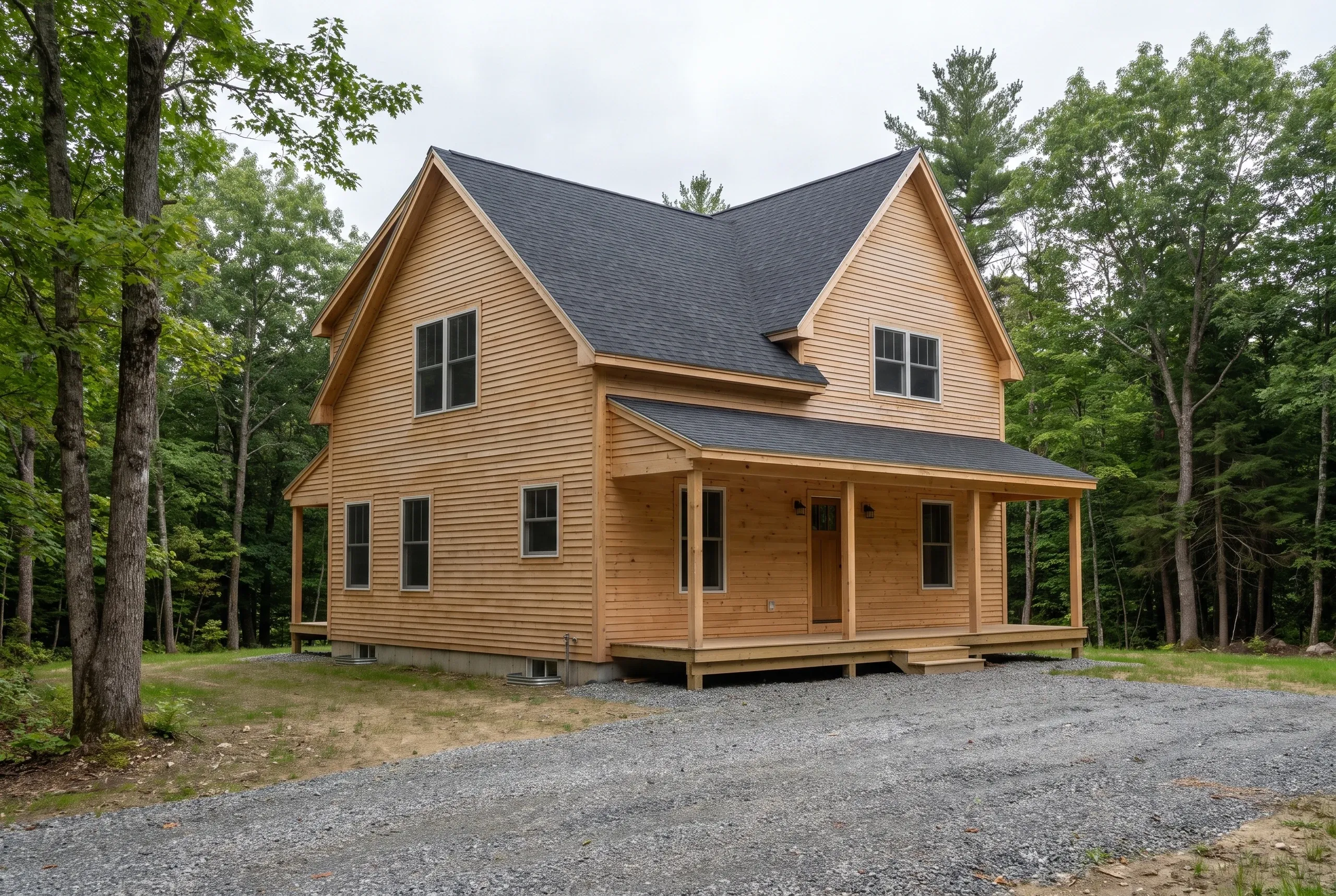 Custom home builder Belfast Maine: new two-story home in natural cedar clapboard with a dark shingle roof and a covered front porch