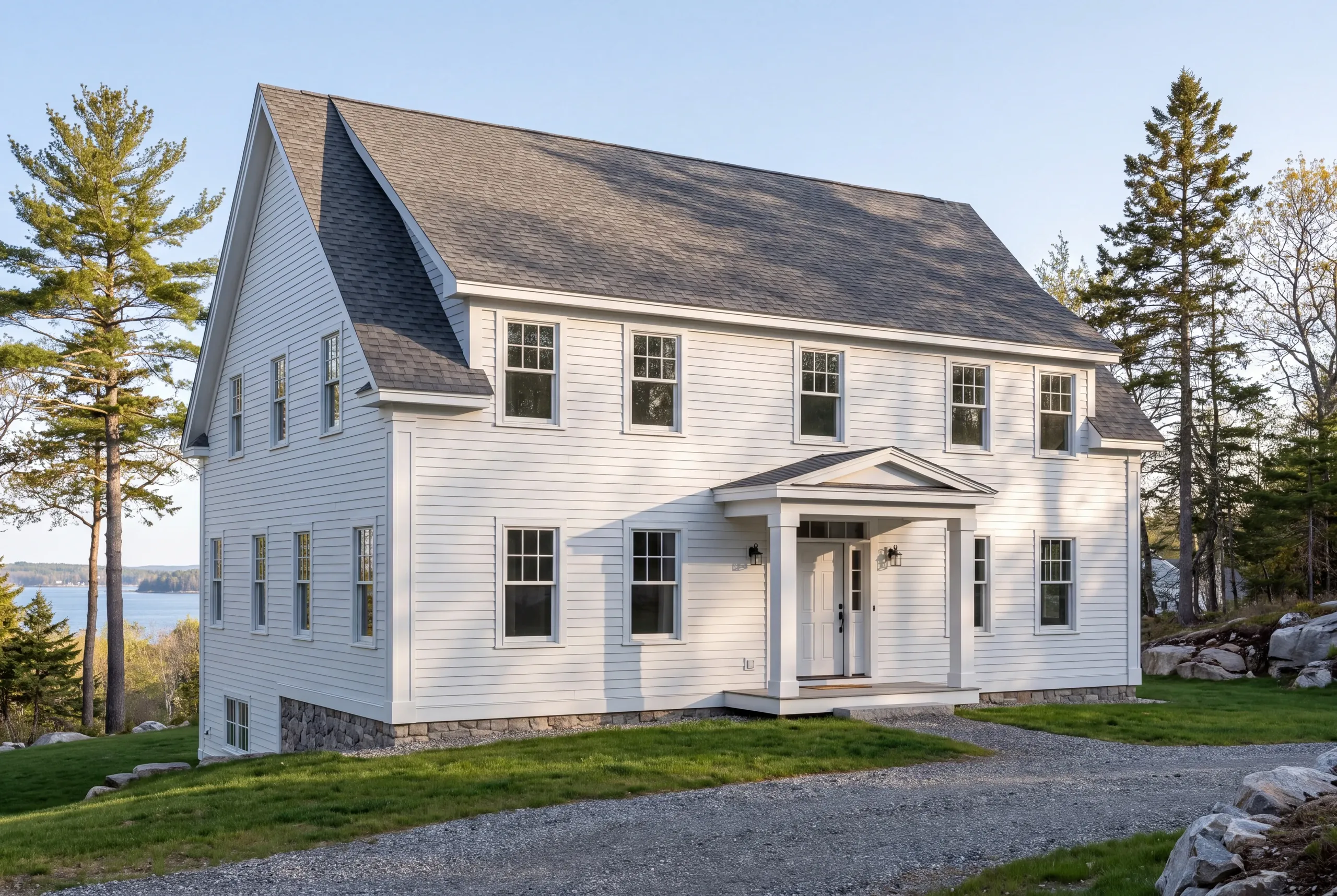 New home builder Belfast Maine: white two-story colonial with a pedimented portico, stone base and water beyond the trees
