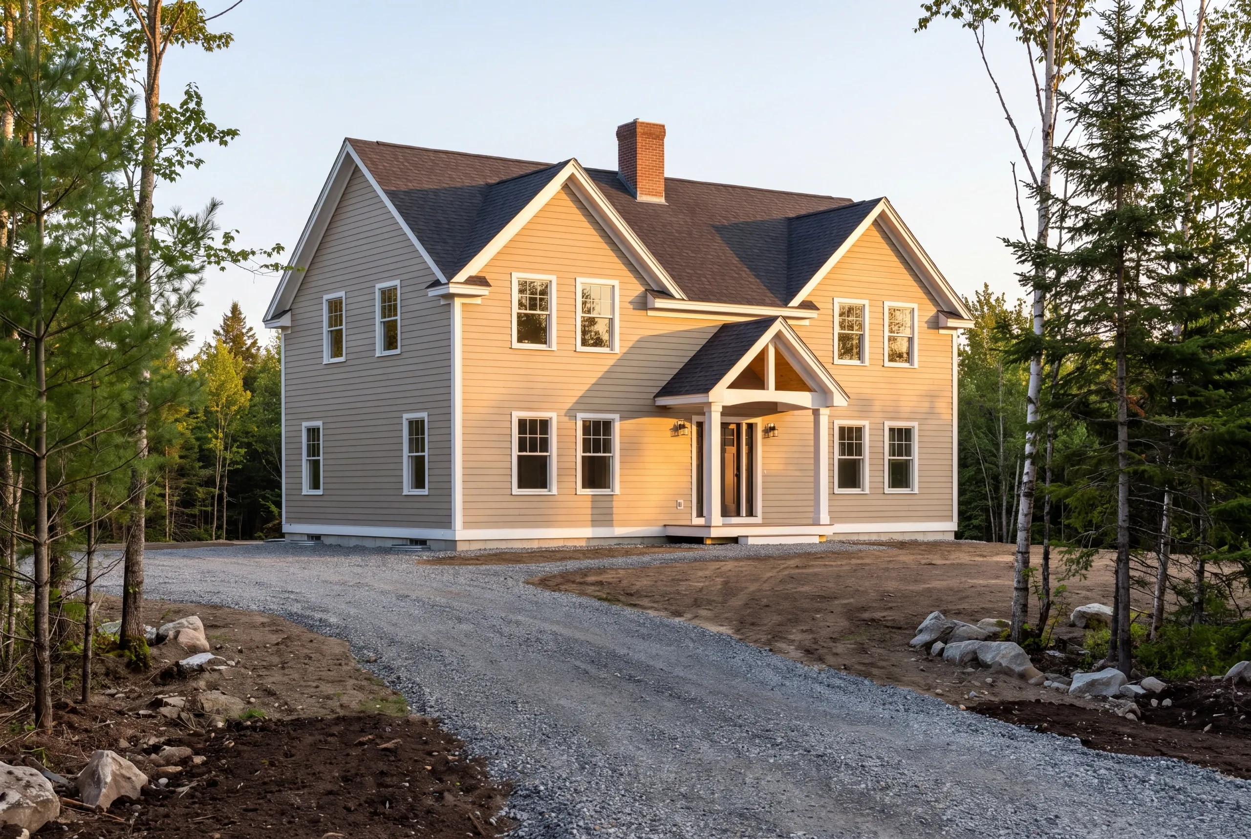 Custom home builder in Bucksport, ME: tan two-story house with a brick chimney at the end of a long gravel drive through woods