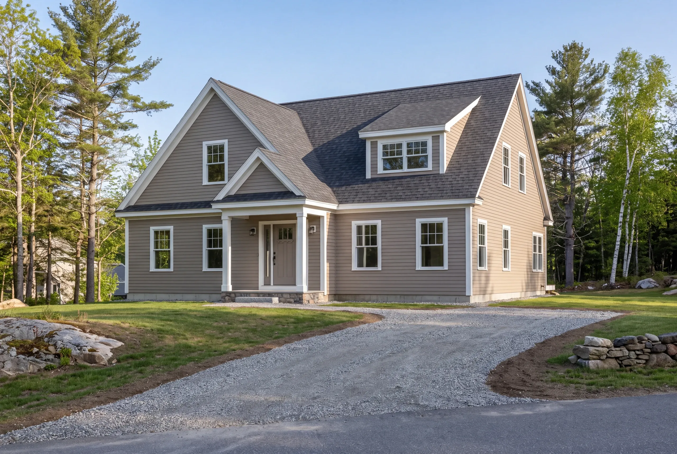 Residential home builder Bucksport Maine: taupe cape with a gabled dormer and portico above a wide curving gravel drive