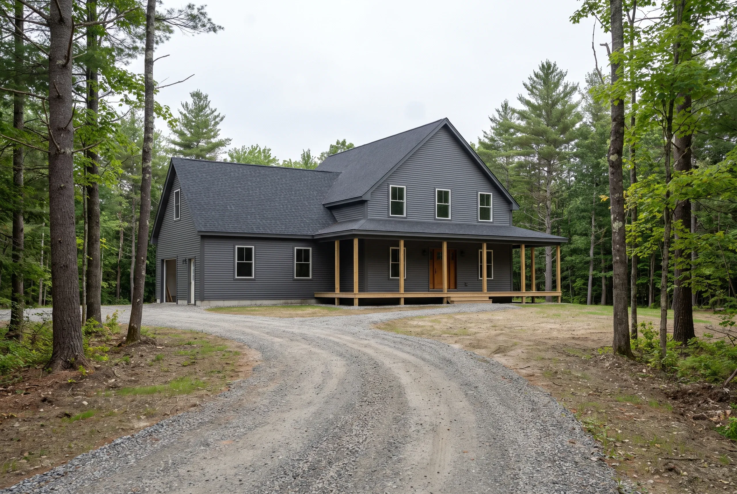 Custom home builder Bucksport Maine: finished dark gray colonial with wraparound porch and gravel drive in a pine clearing