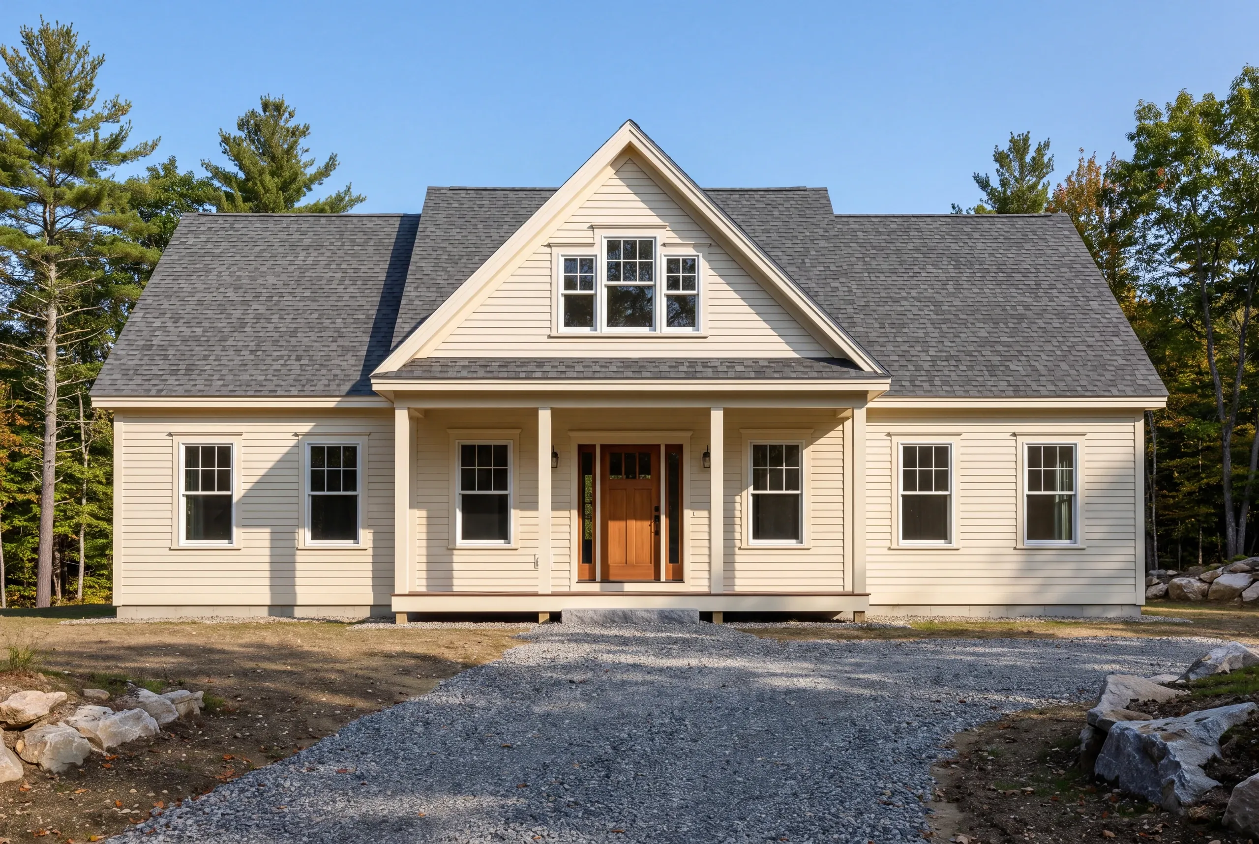 New home builder Bucksport Maine: cream cape with a center gable, full-width columned porch and a wood front door