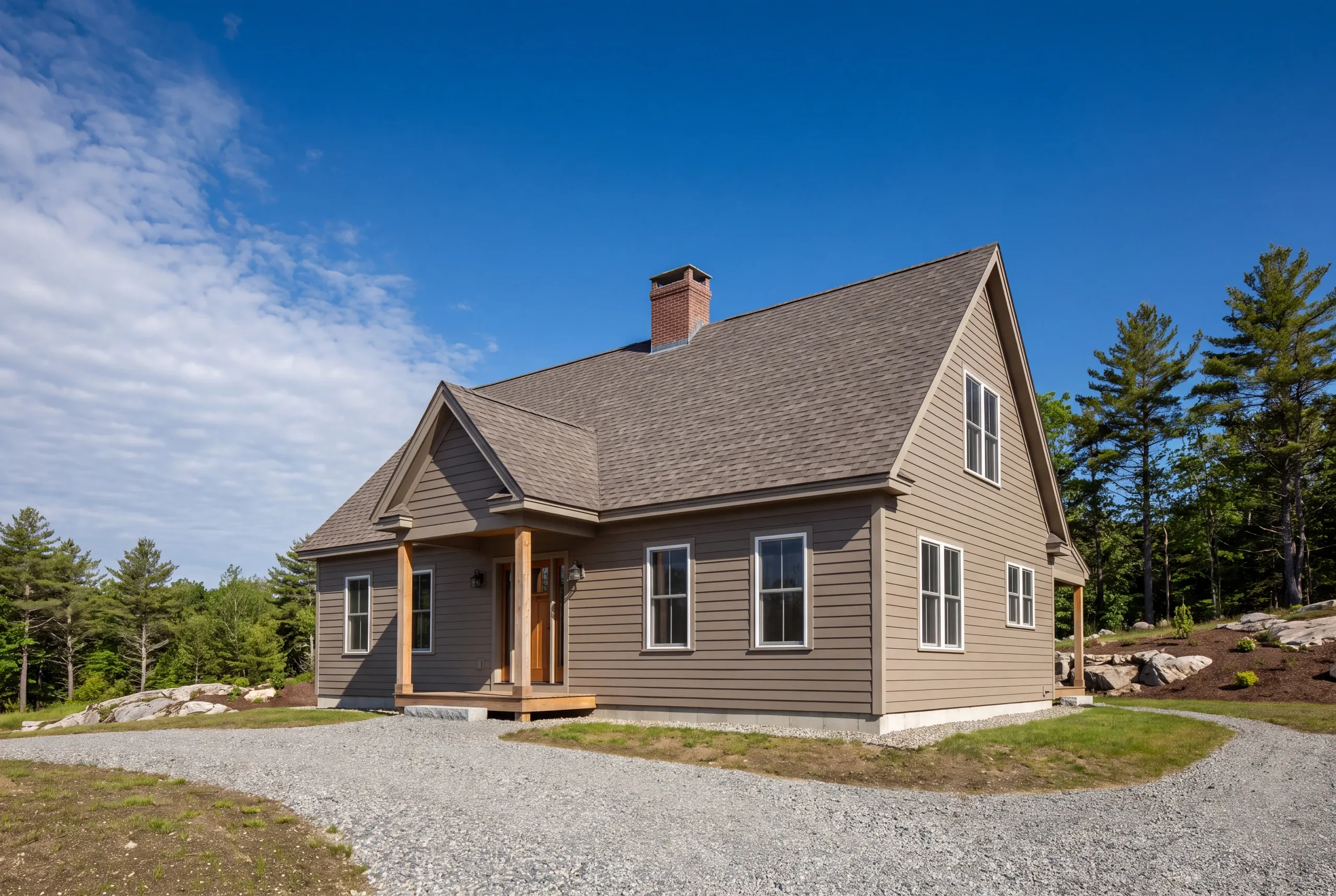 Residential home builder Bucksport Maine: taupe cape with a brick chimney and a gabled wood-post entry under a deep blue sky