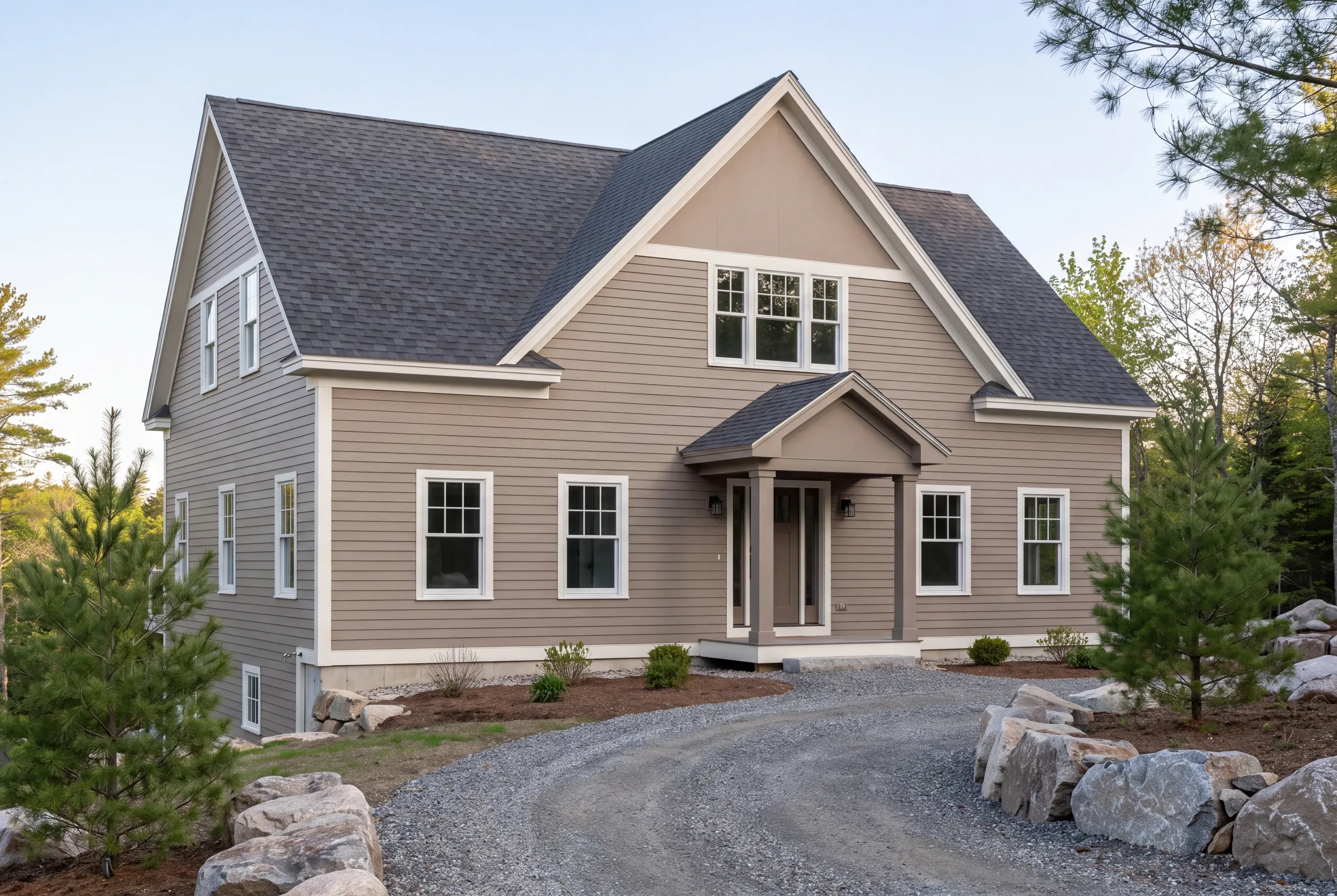 Custom home builder in Camden, ME: taupe two-story house with a tall front gable, small portico and granite boulders by the drive