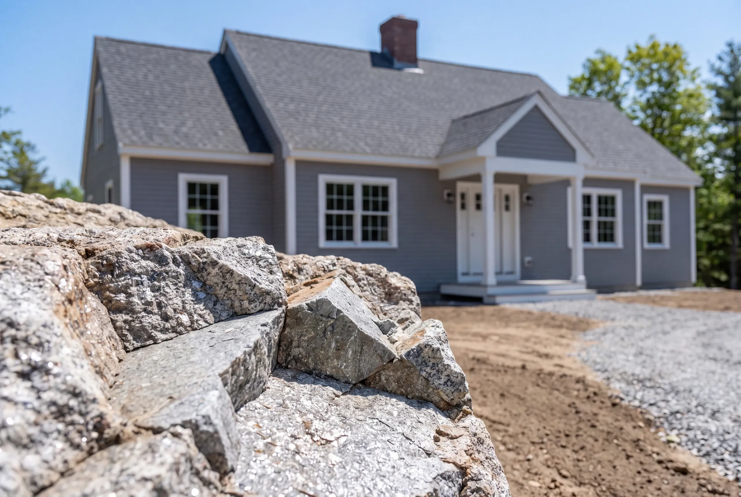 New home builder Camden Maine: granite ledge in the foreground of a finished gray cape with a brick chimney and portico