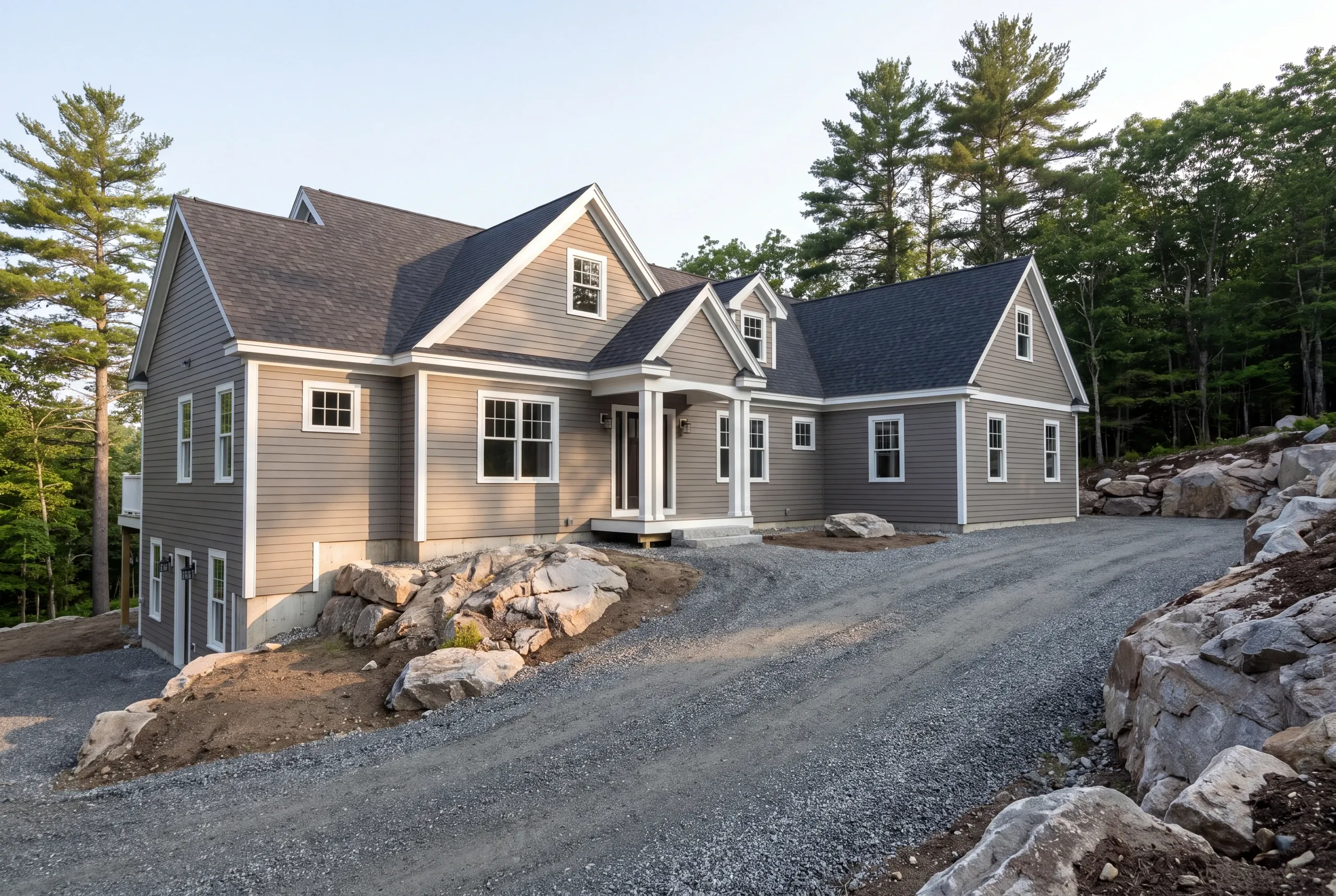 Residential home builder Camden Maine: gray two-story house with stacked gables set into a rocky hillside with ledge along the drive