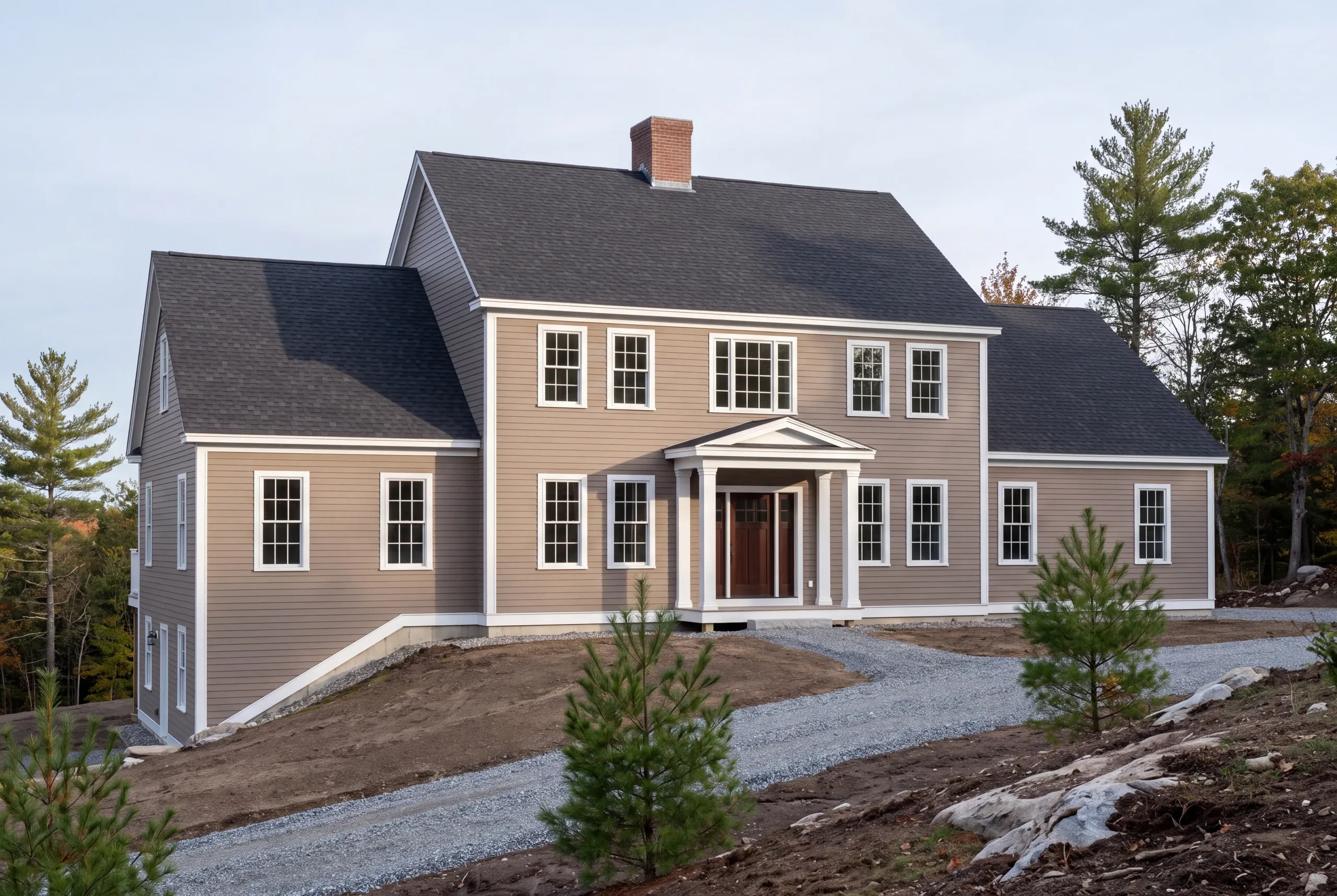New home builder Camden Maine: taupe center colonial with a brick chimney, wings on both ends and exposed ledge by the drive