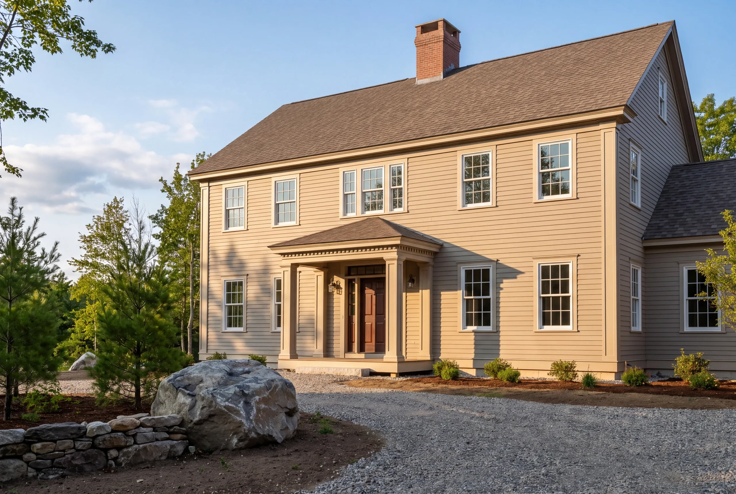 Residential home builder Camden Maine: tan two-story colonial with a brick chimney, columned portico and a large boulder by the drive