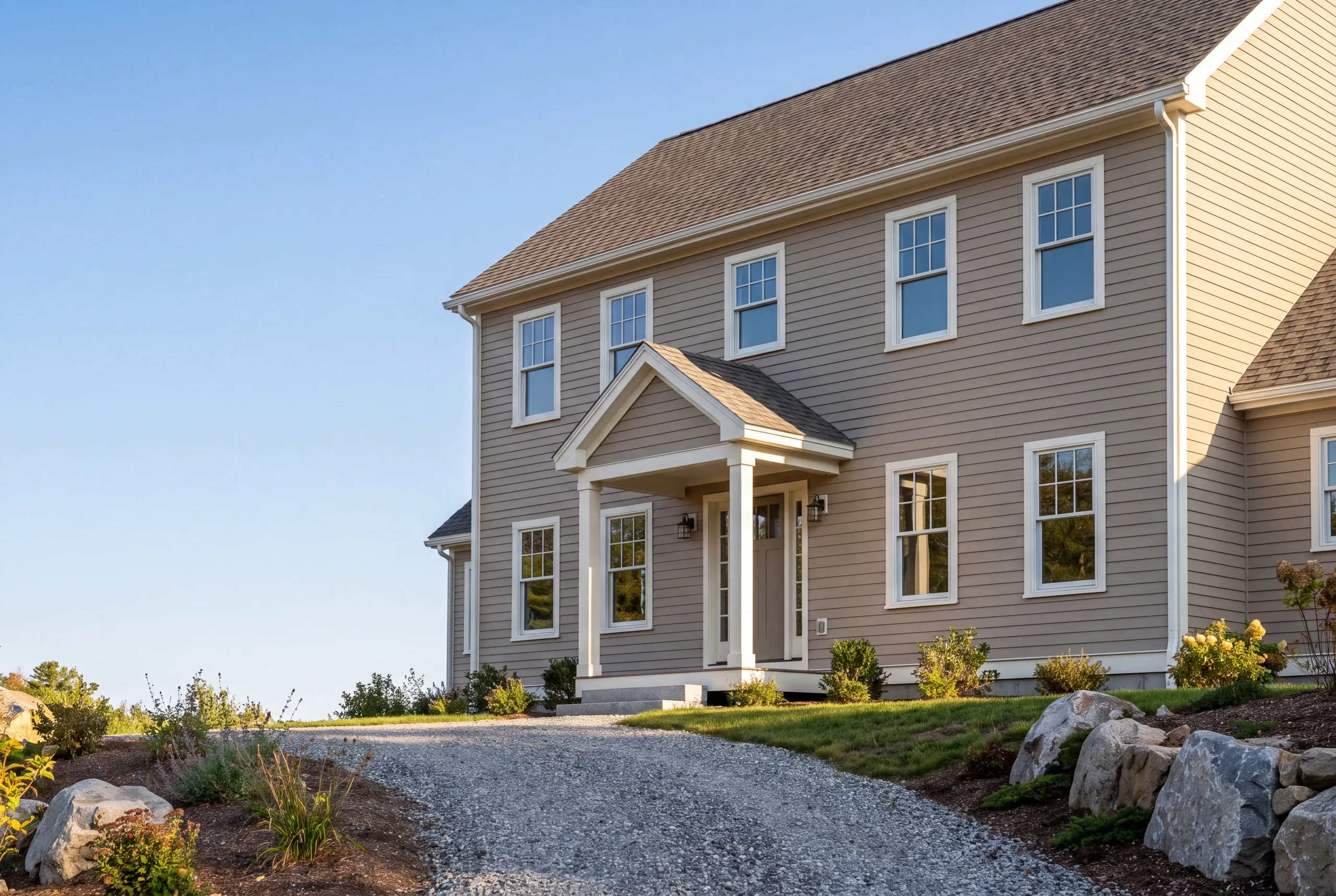 Custom home builder Midcoast Maine: tan colonial with columned portico, gravel drive and boulder landscaping