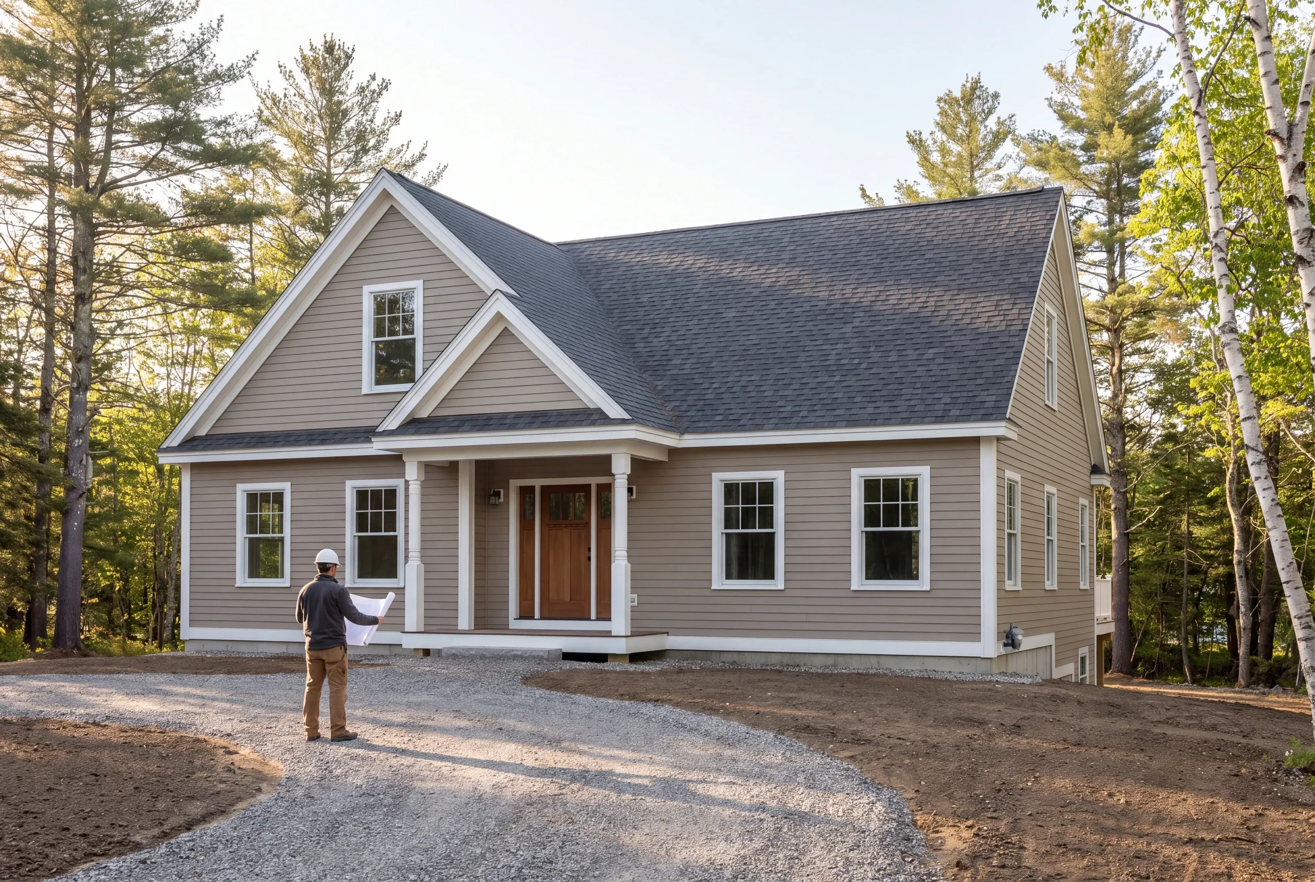 Custom home builder in Damariscotta, ME: man in a hard hat holding unrolled plans in the drive of a finished taupe cape