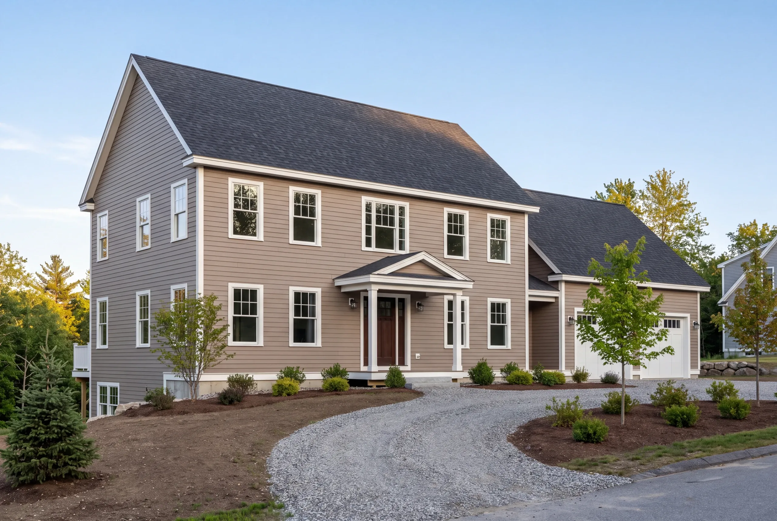 Residential home builder Damariscotta Maine: gray two-story colonial with an attached two-car garage, young trees and a gravel drive