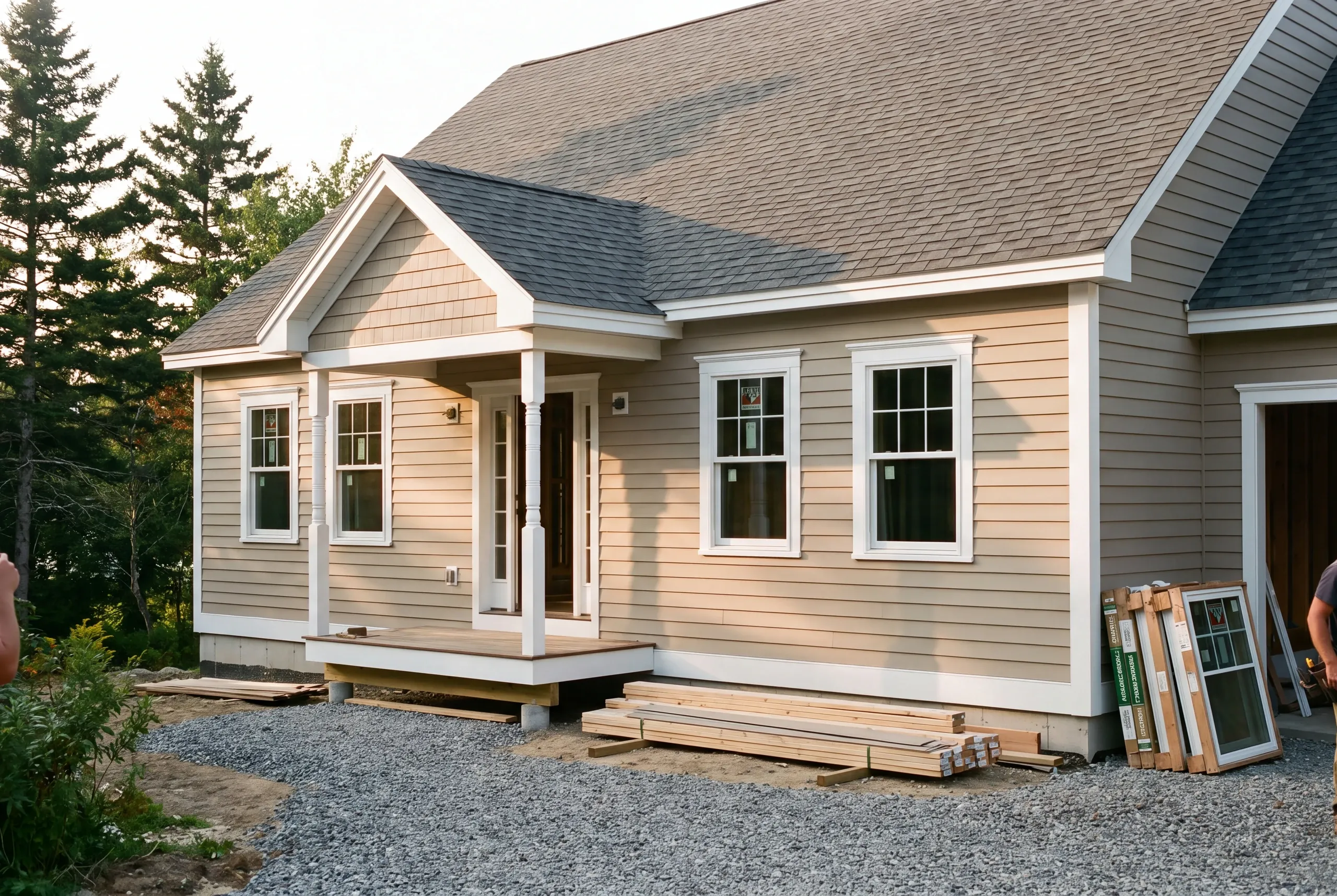 Custom home builder Damariscotta Maine: tan cape with a columned entry porch, window units leaning on the wall and lumber on gravel