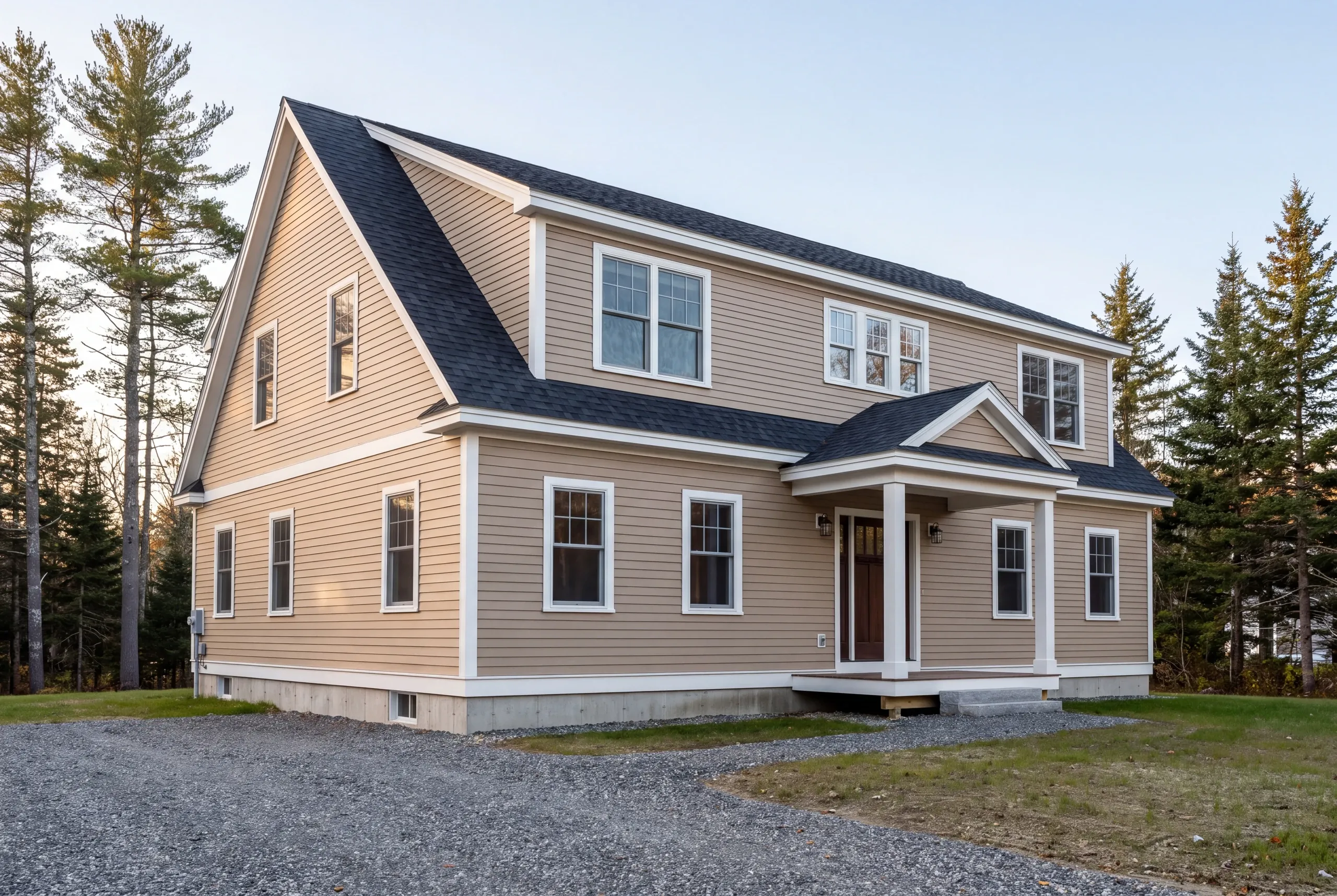 New home builder Damariscotta Maine: tan cape with a wide shed dormer, gabled portico and tall pines behind a mowed lawn