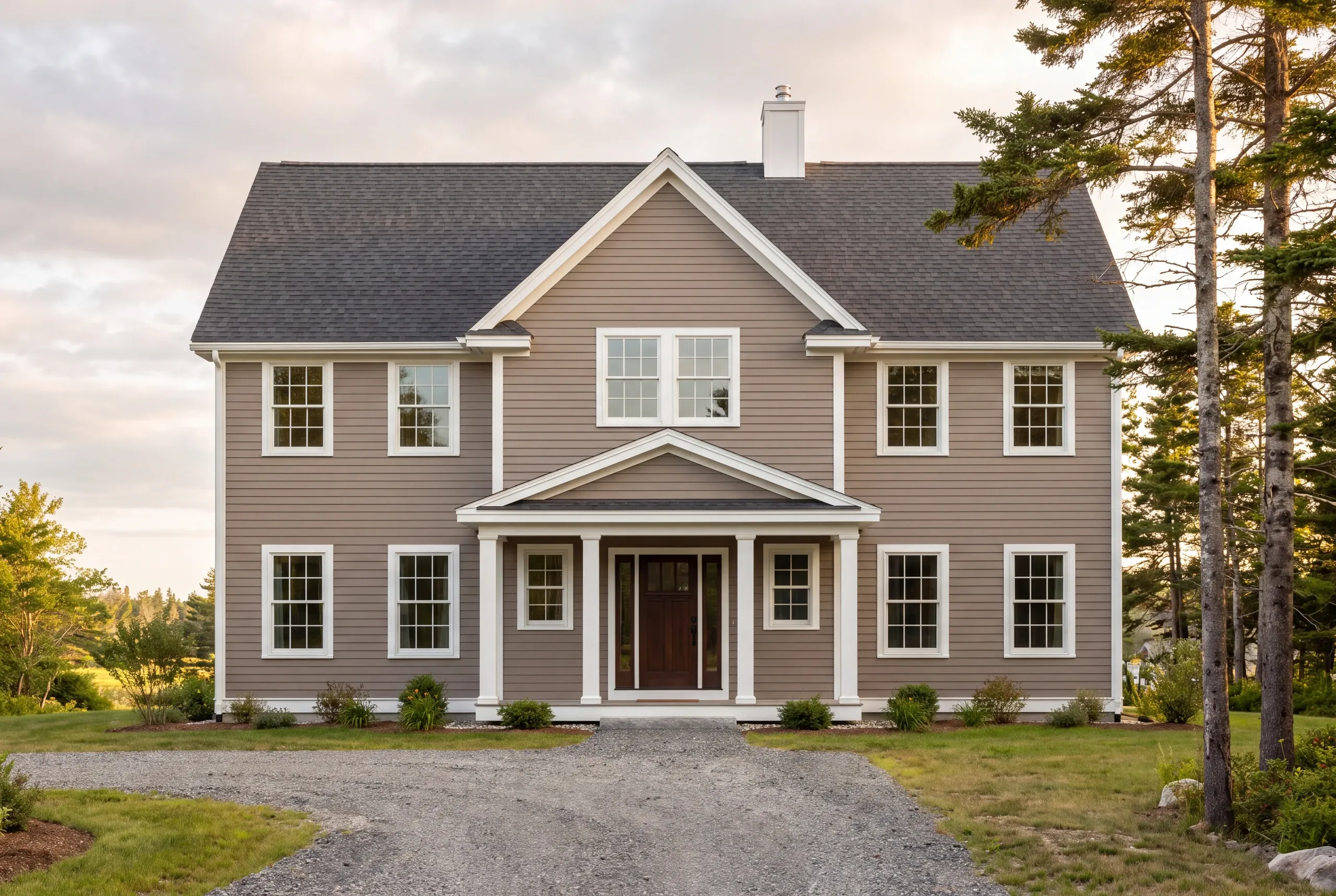 Residential home builder Damariscotta Maine: symmetrical taupe colonial with a center gable, columned portico and a straight gravel drive