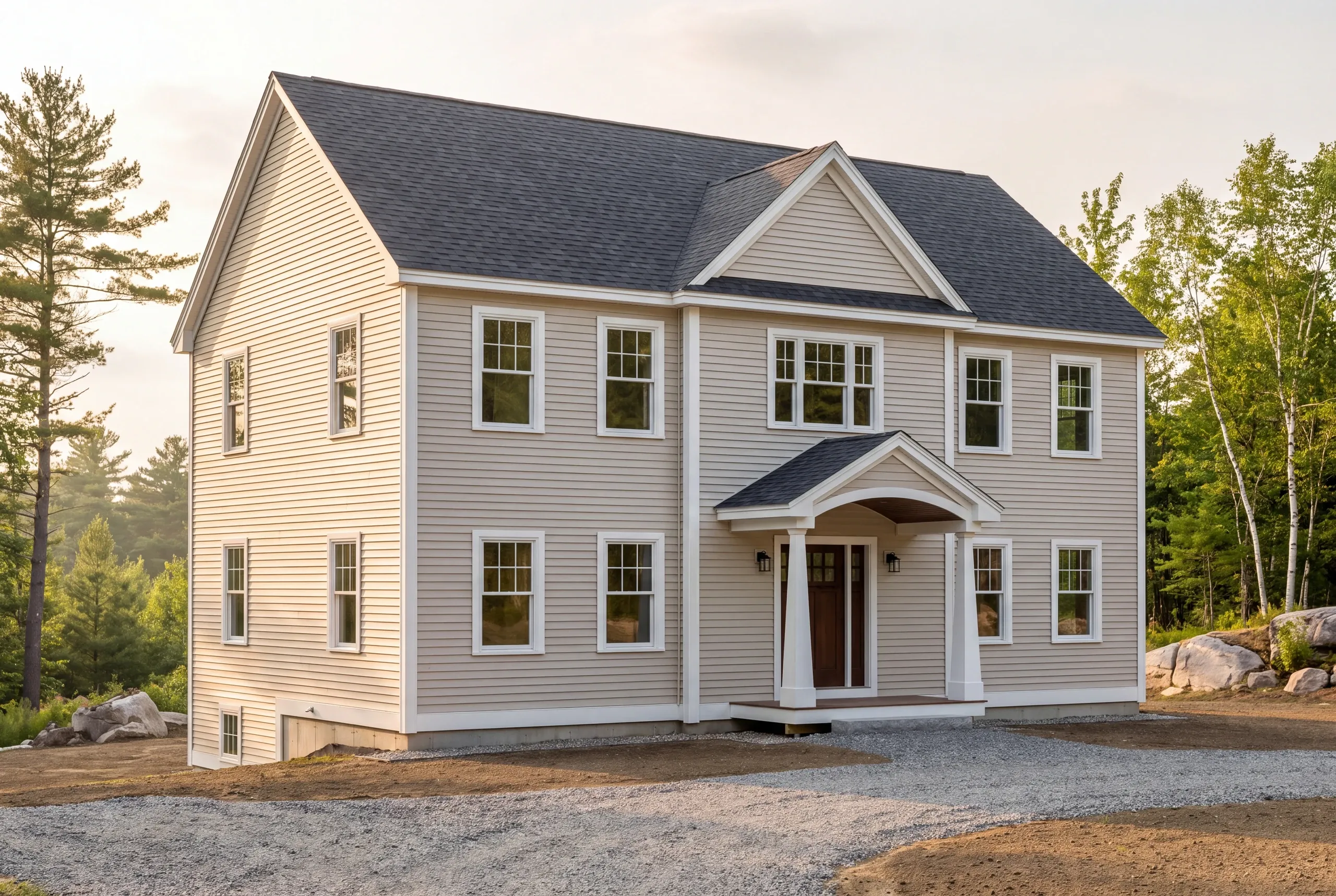 Custom home builder in Fairfield, ME: pale two-story colonial with a center gable, arched portico and boulders at the yard edge