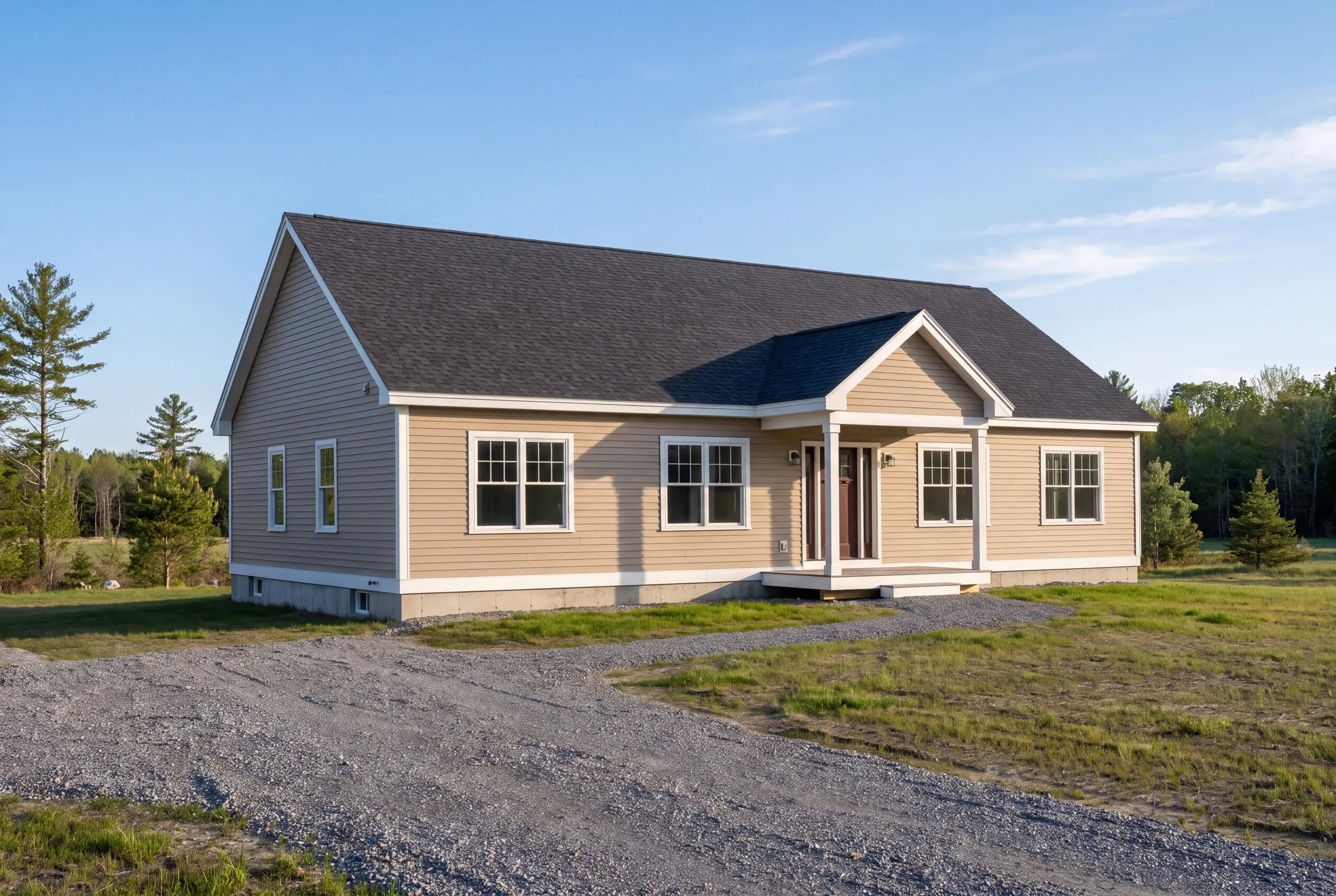 Residential home builder Fairfield Maine: single-story tan cape with a gabled portico on an open lot with a long gravel drive