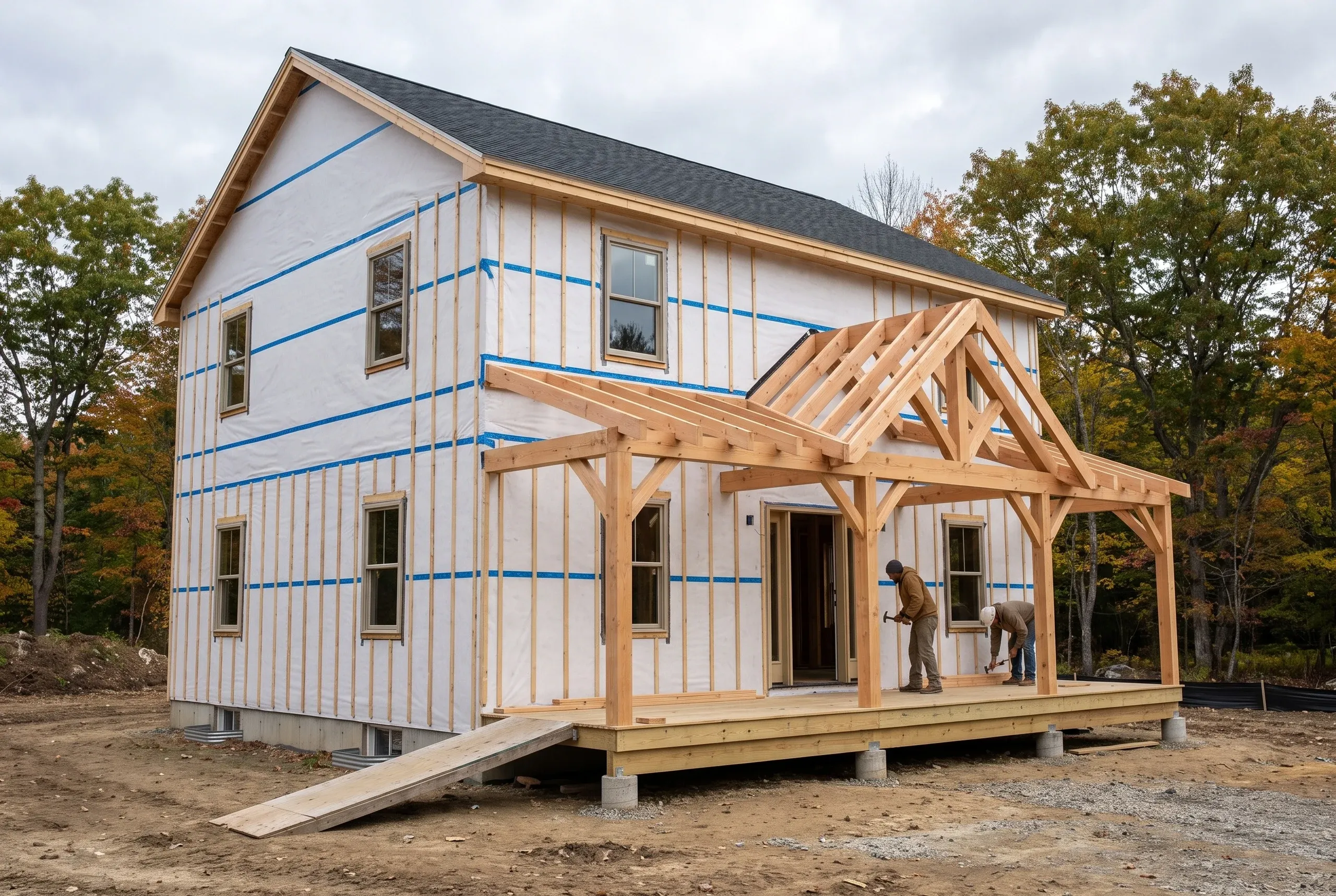 Custom home builder Fairfield Maine: two workers framing a timber entry porch on a house in blue-taped wrap with vertical furring strips