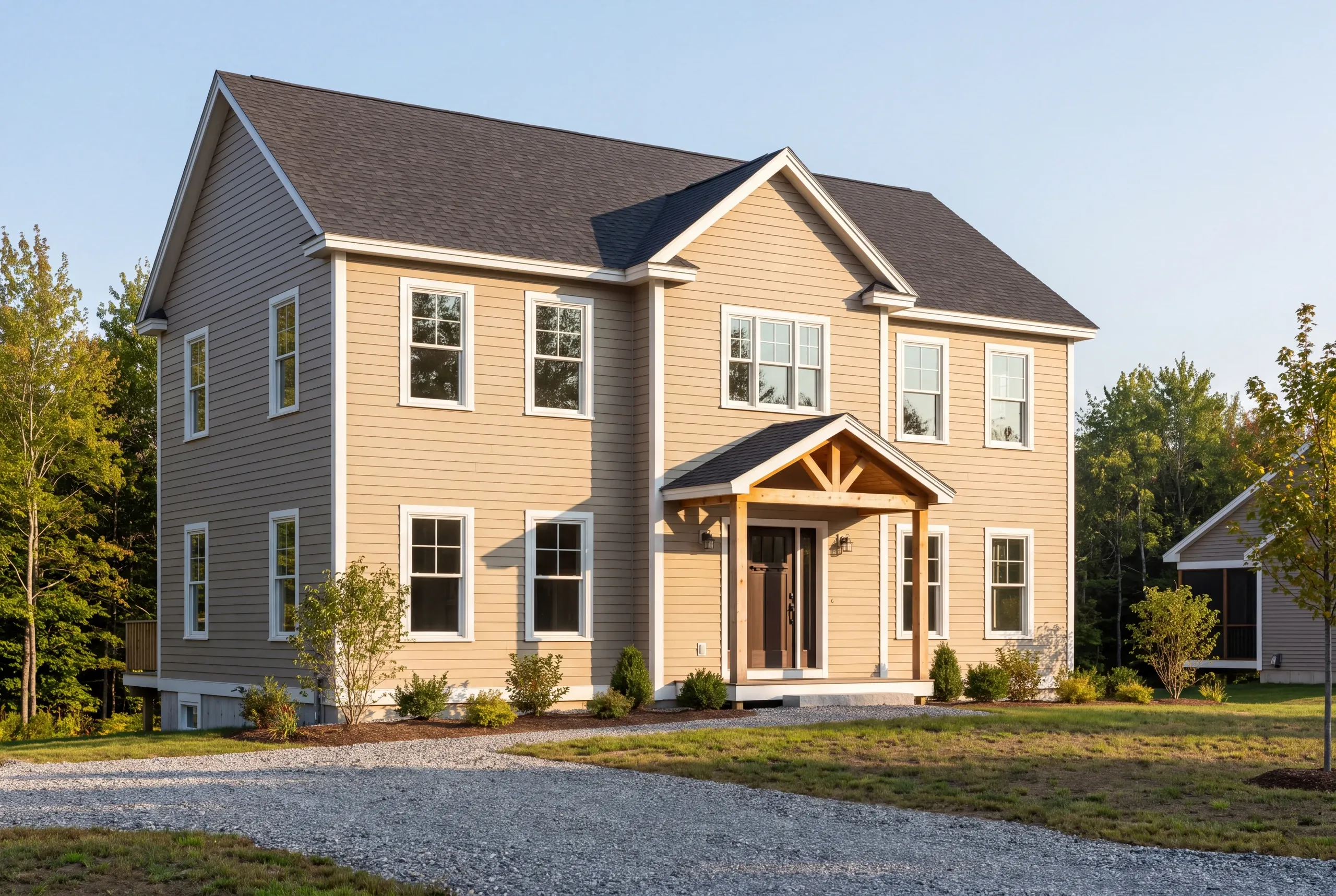 New home builder Fairfield Maine: tan two-story colonial with a front cross gable and a timber portico on a fresh lawn