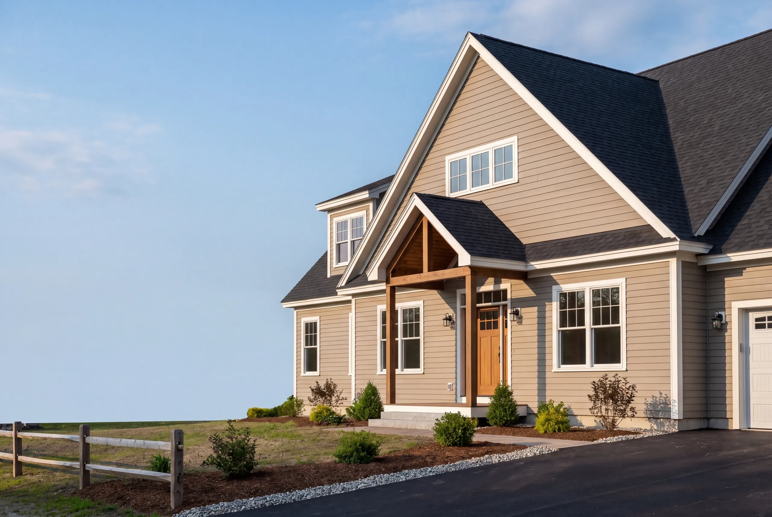 Residential home builder Fairfield Maine: tan house with a tall front gable, timber entry porch, split-rail fence and a paved drive