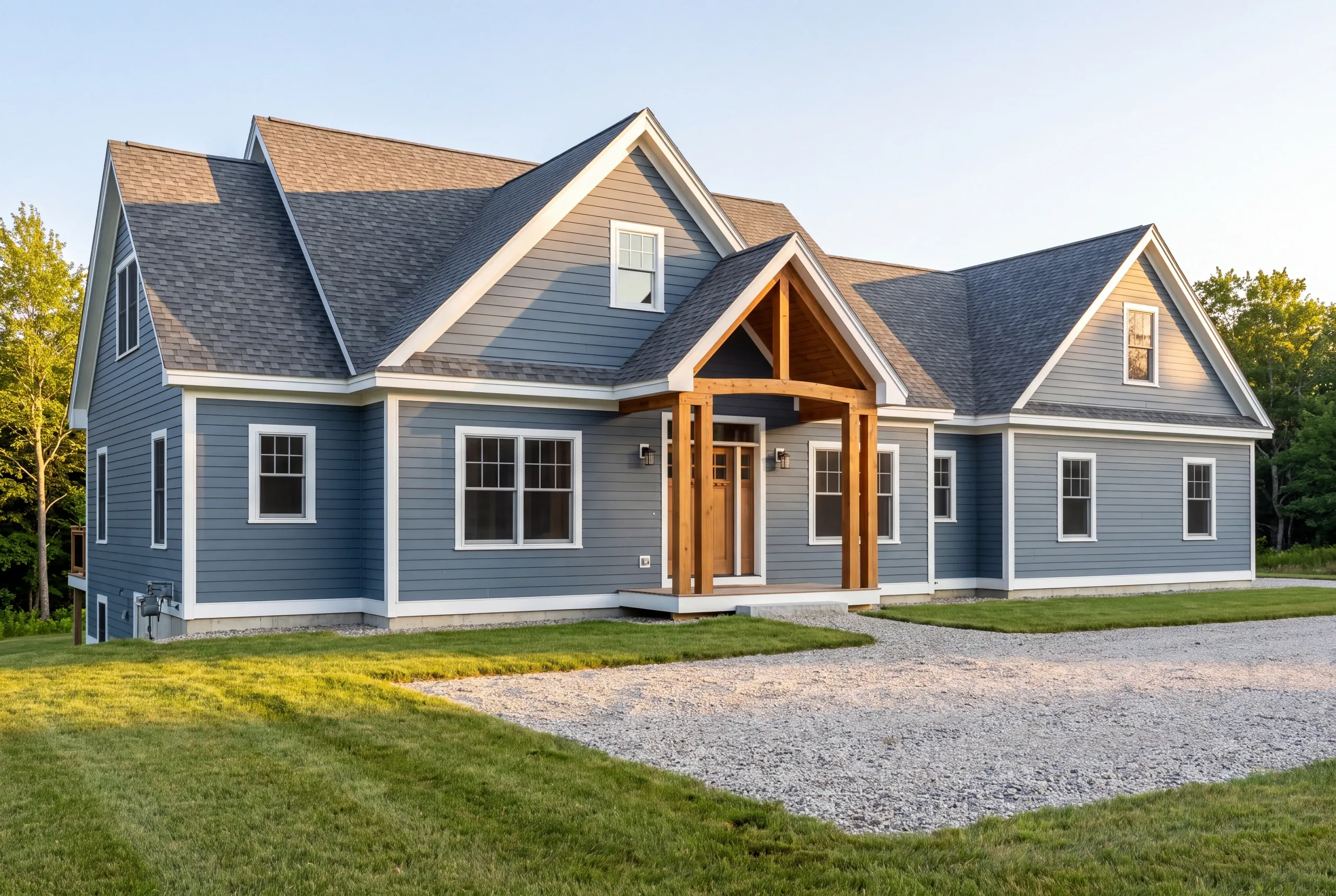 Custom home builder in Gardiner, ME: blue-gray house with several front gables, a timber entry porch and a new lawn