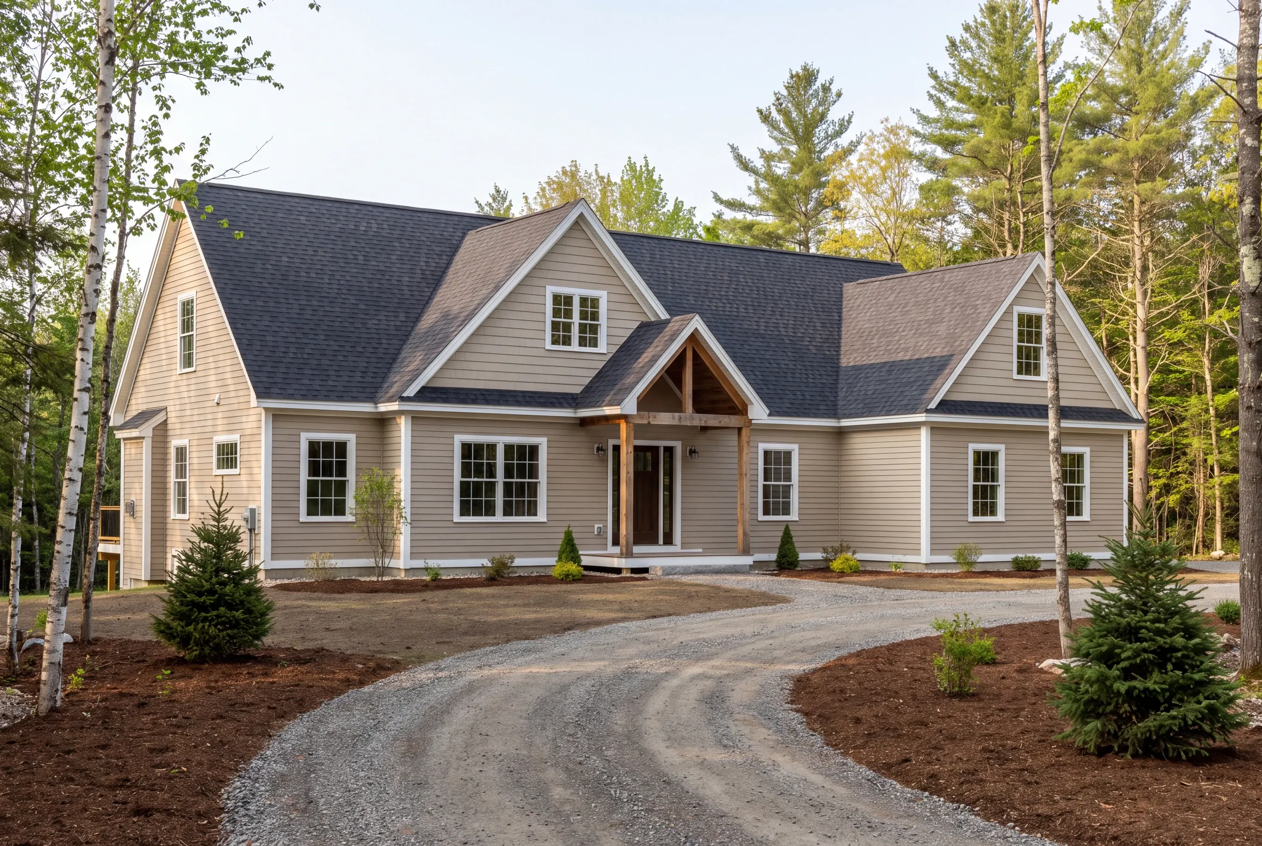 Residential home builder Gardiner Maine: taupe cape with a timber gable entry, mulched beds and young spruces along a curving drive