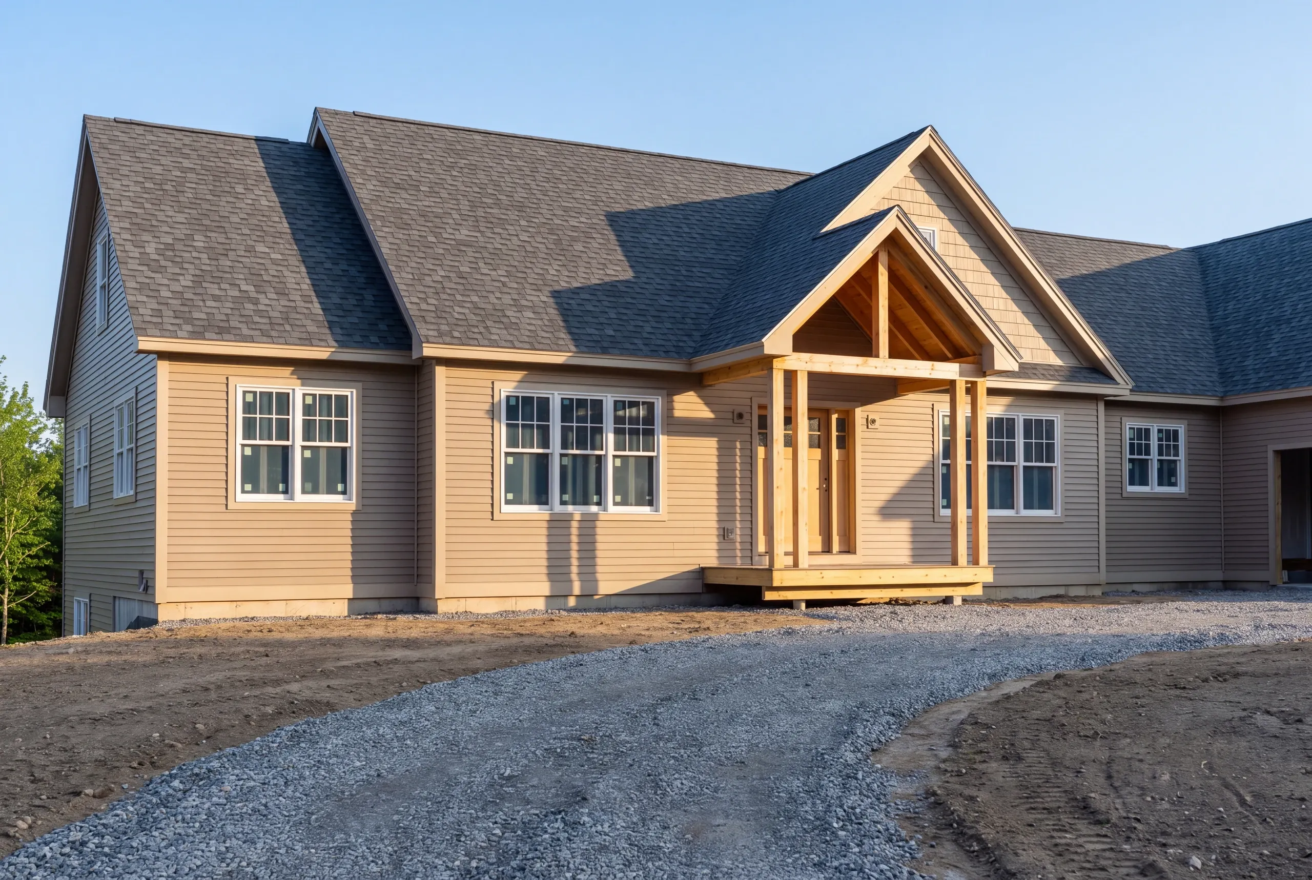 Custom home builder Gardiner Maine: tan house with a natural timber gable entry porch and raw graded soil around the drive