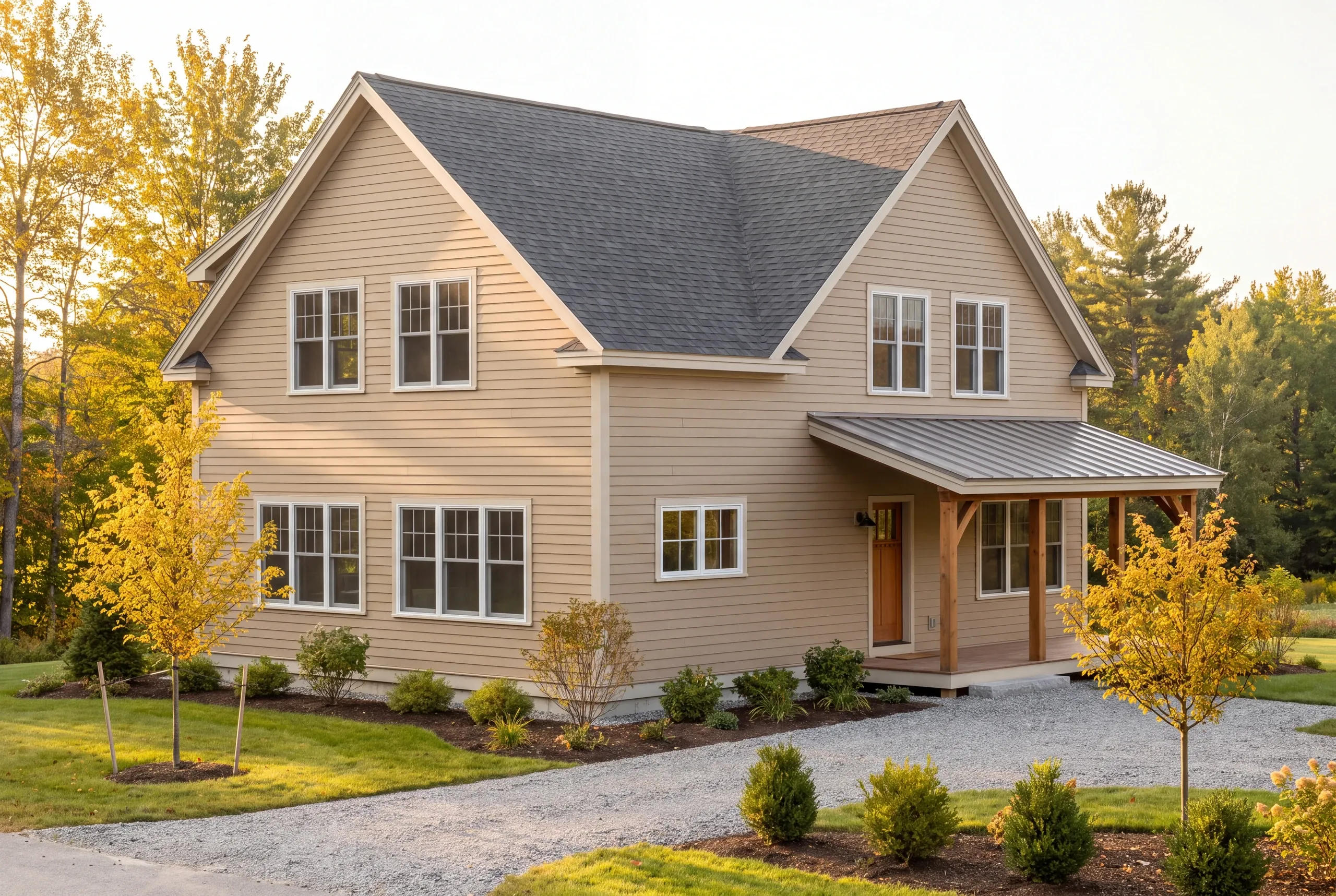 New home builder Gardiner Maine: tan two-story house with a metal-roofed side porch, yellow fall trees and new plantings