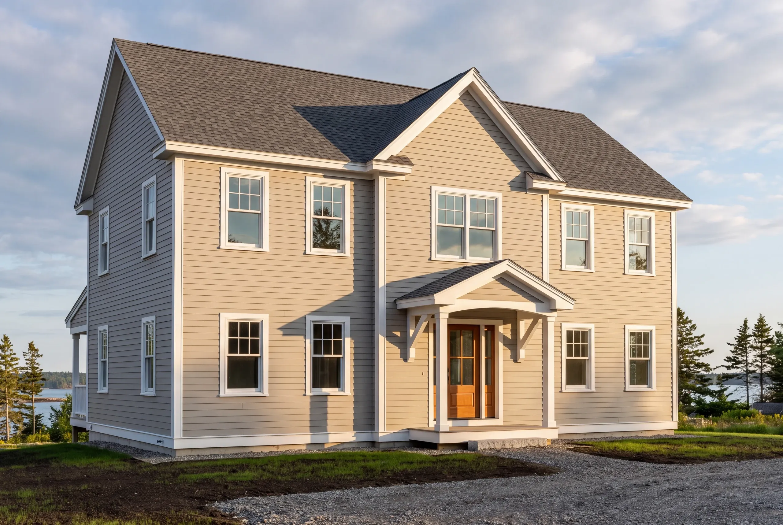 Custom home builder: side view of a finished tan colonial between spruce trees near open water