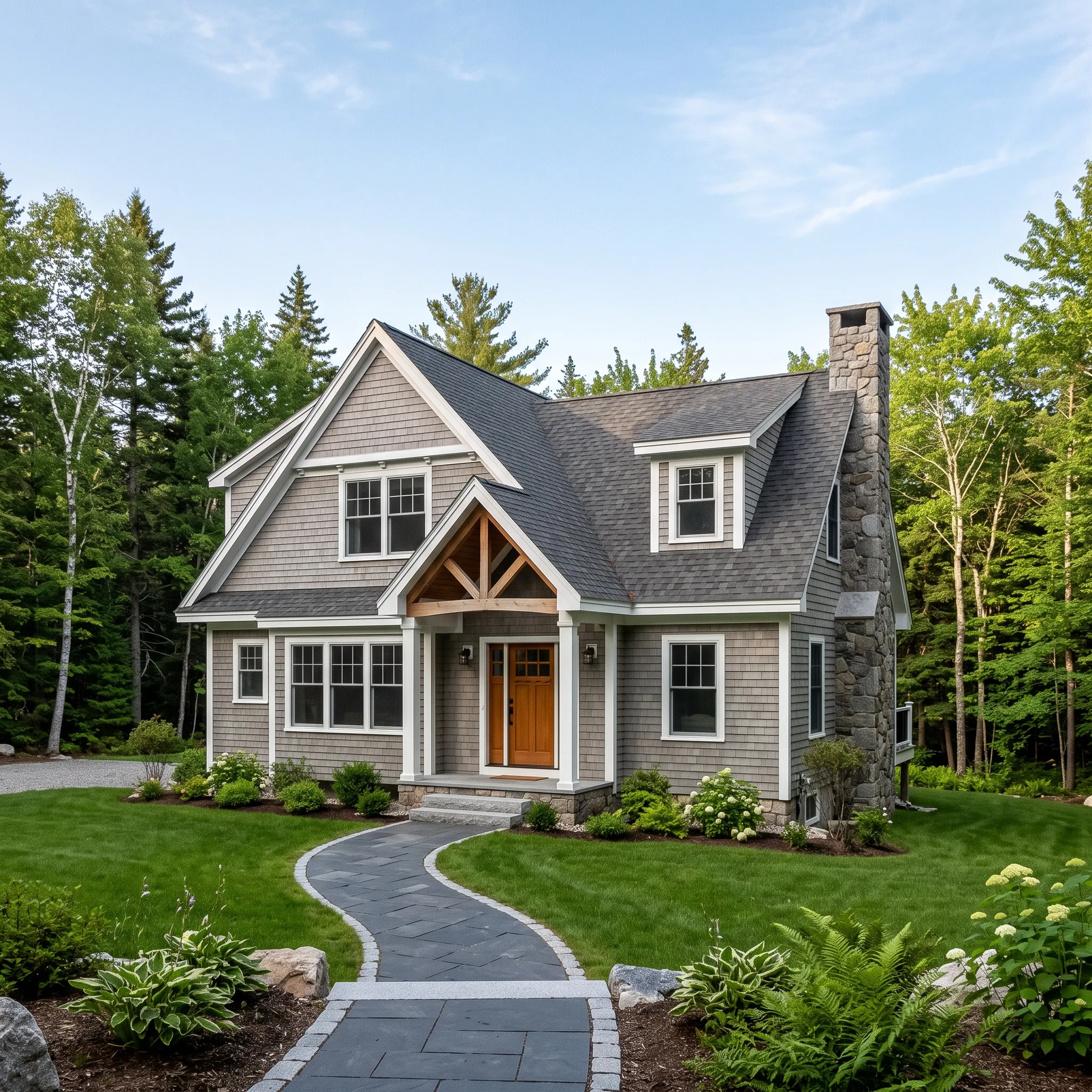 Residential home builder Midcoast Maine: gray shingled cottage with timber gable entry, stone chimney and paver walk