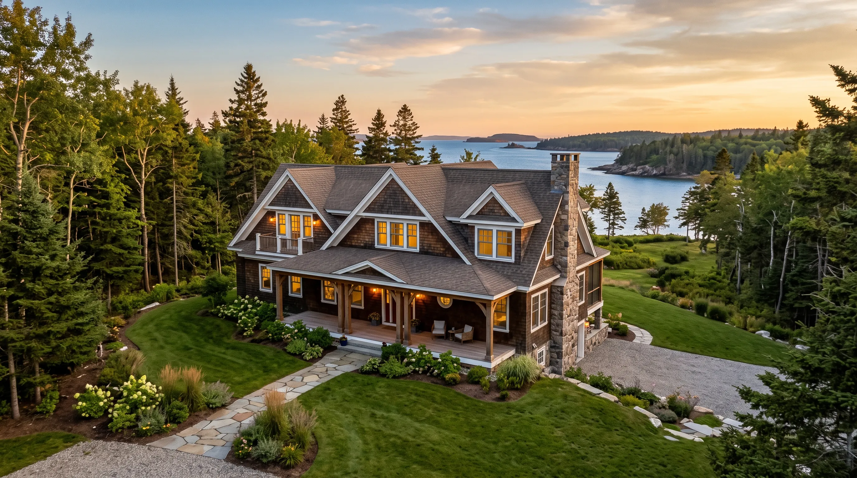 Custom home builder Midcoast Maine: aerial view of a shingle-style home at dusk with stone chimney and lit porch