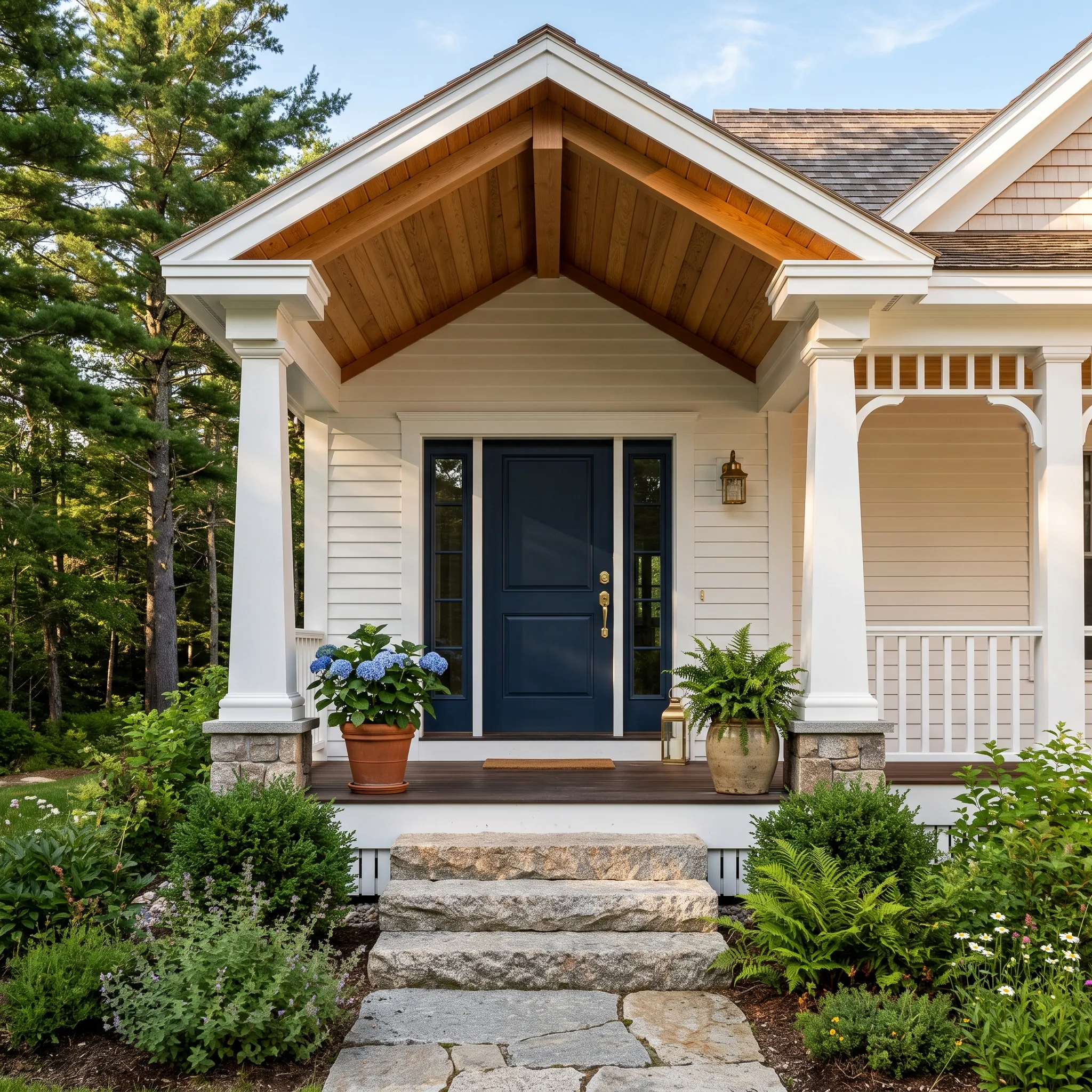 New home builder Midcoast Maine: covered entry porch with plank gable ceiling, navy door, white columns and granite steps