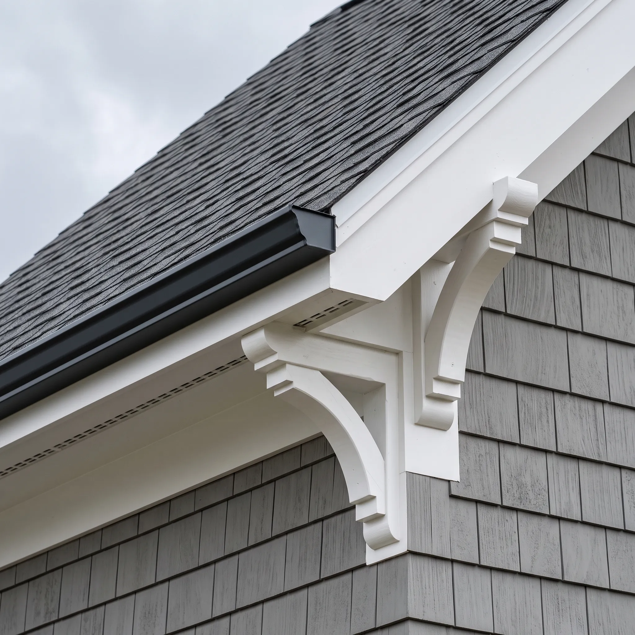 Close view of a white eave corbel over gray shingle siding and a black gutter
