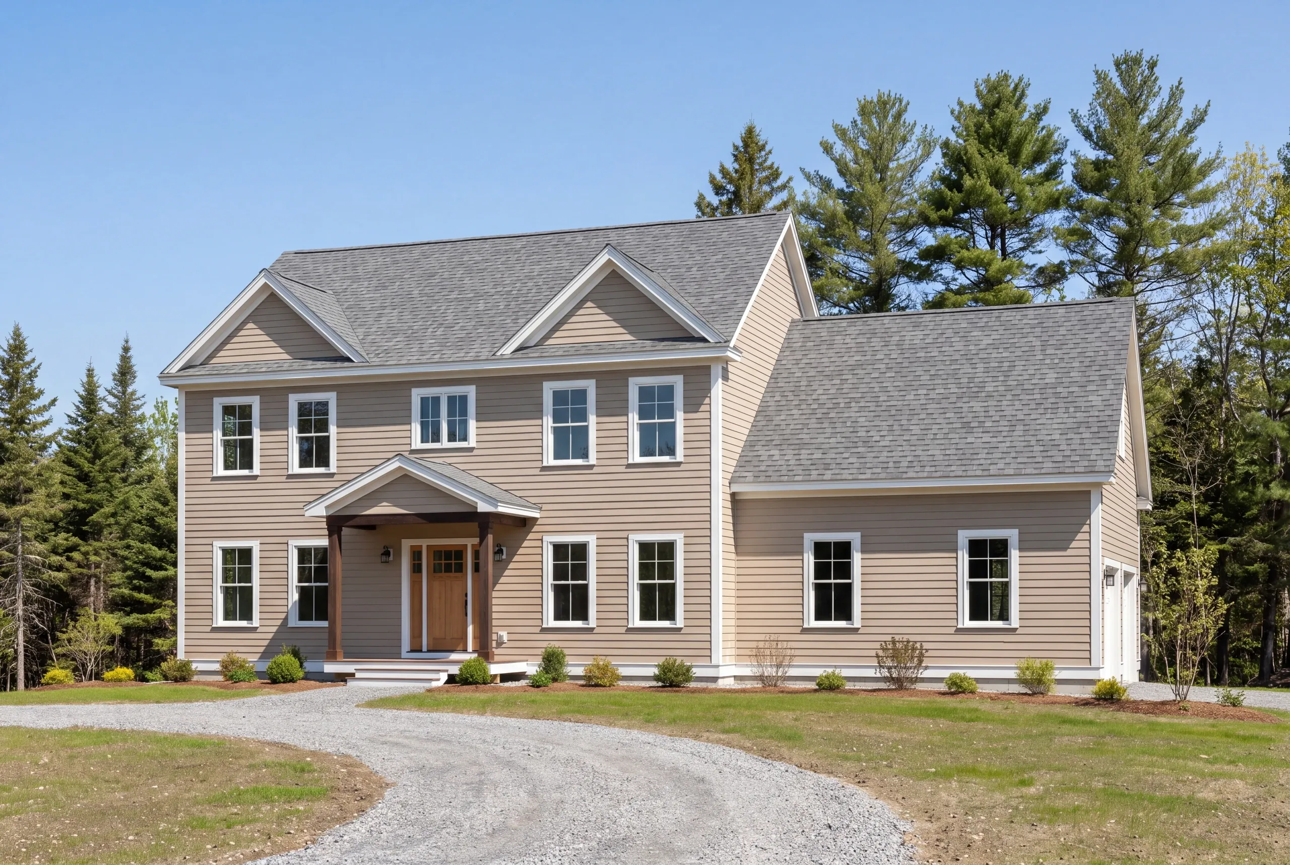 Custom home builder in Lincolnville, ME: taupe two-story colonial with an attached side wing, gabled portico and a spruce windbreak