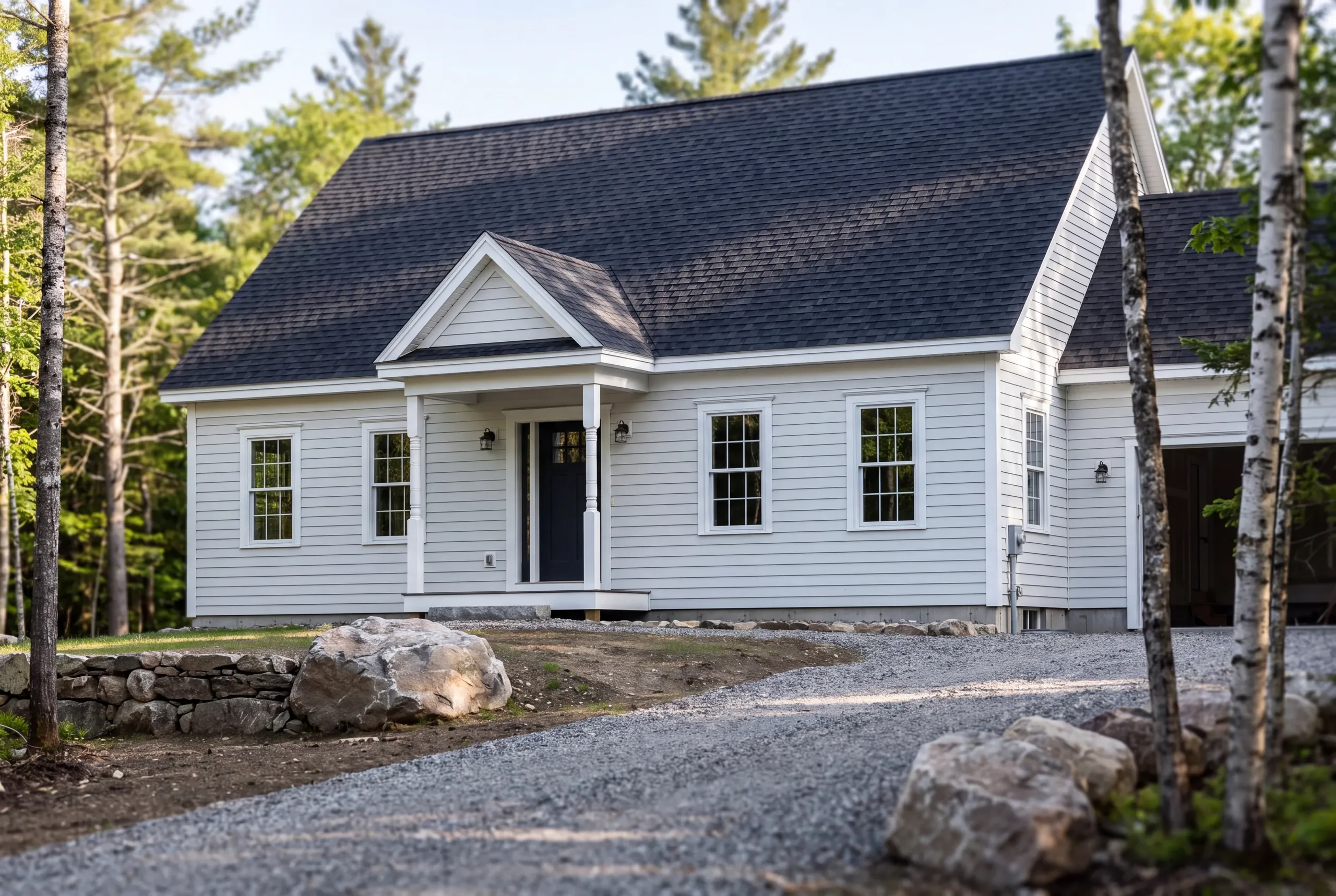 New home builder Lincolnville Maine: white cape with a gabled portico, a fieldstone wall and boulders between birch trunks