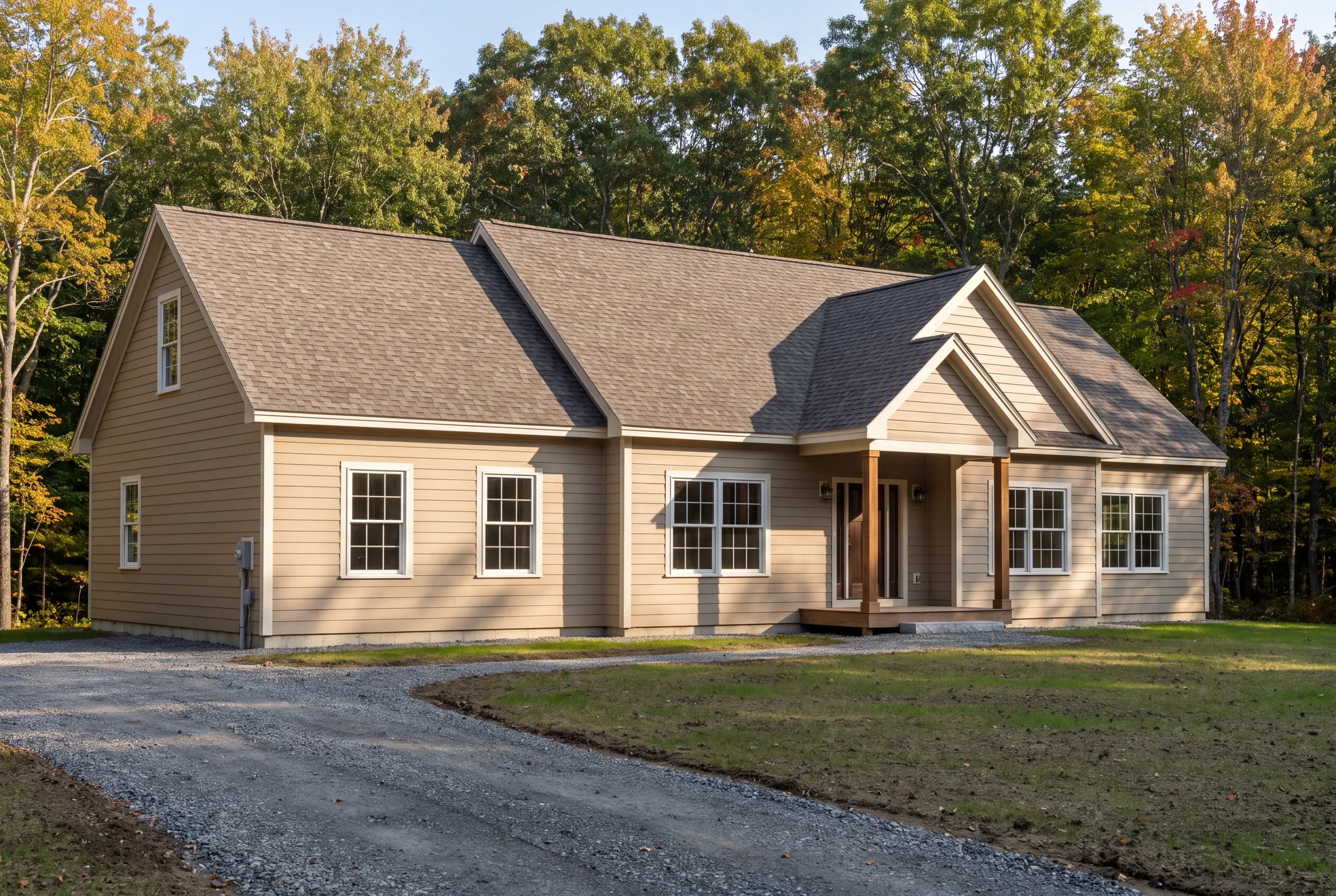 Residential home builder Lincolnville Maine: tan single-story house with a gabled entry tucked against a wall of autumn trees