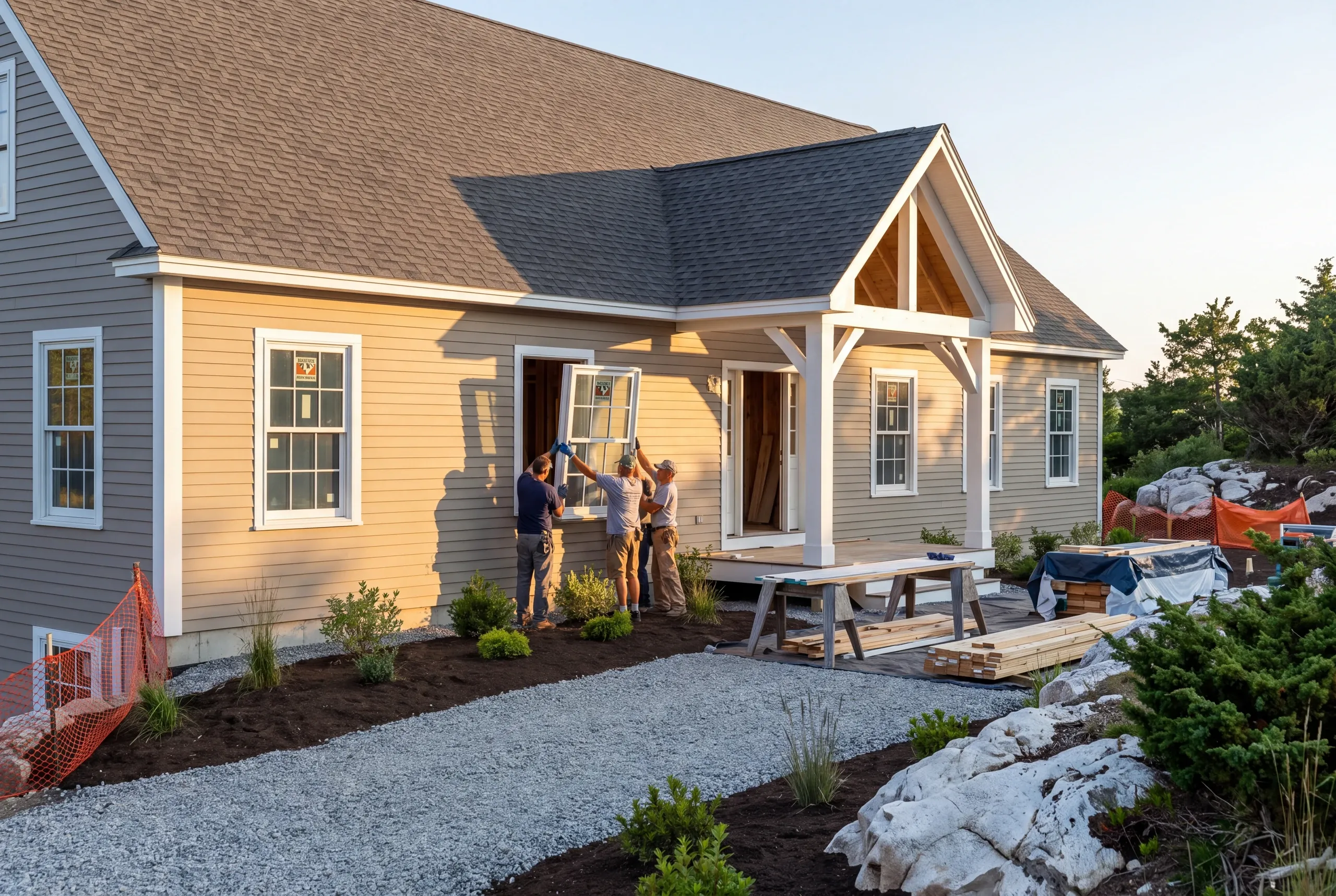Custom home builder Lincolnville Maine: four workers lifting a double-hung window into a tan-sided wall beside a timber gable entry