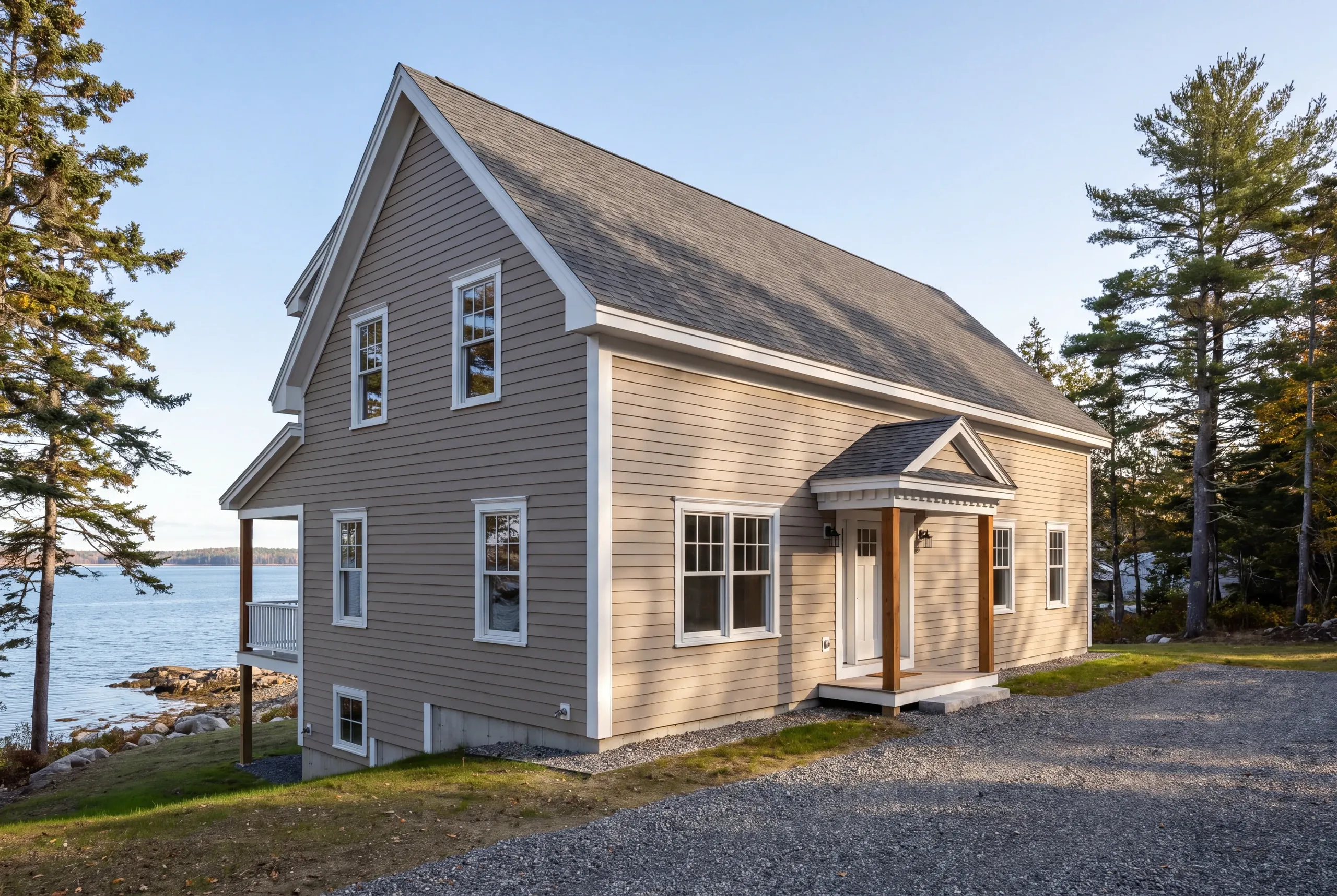 New home builder Lincolnville Maine: taupe cape with a gabled portico on a rocky waterfront lot overlooking open water