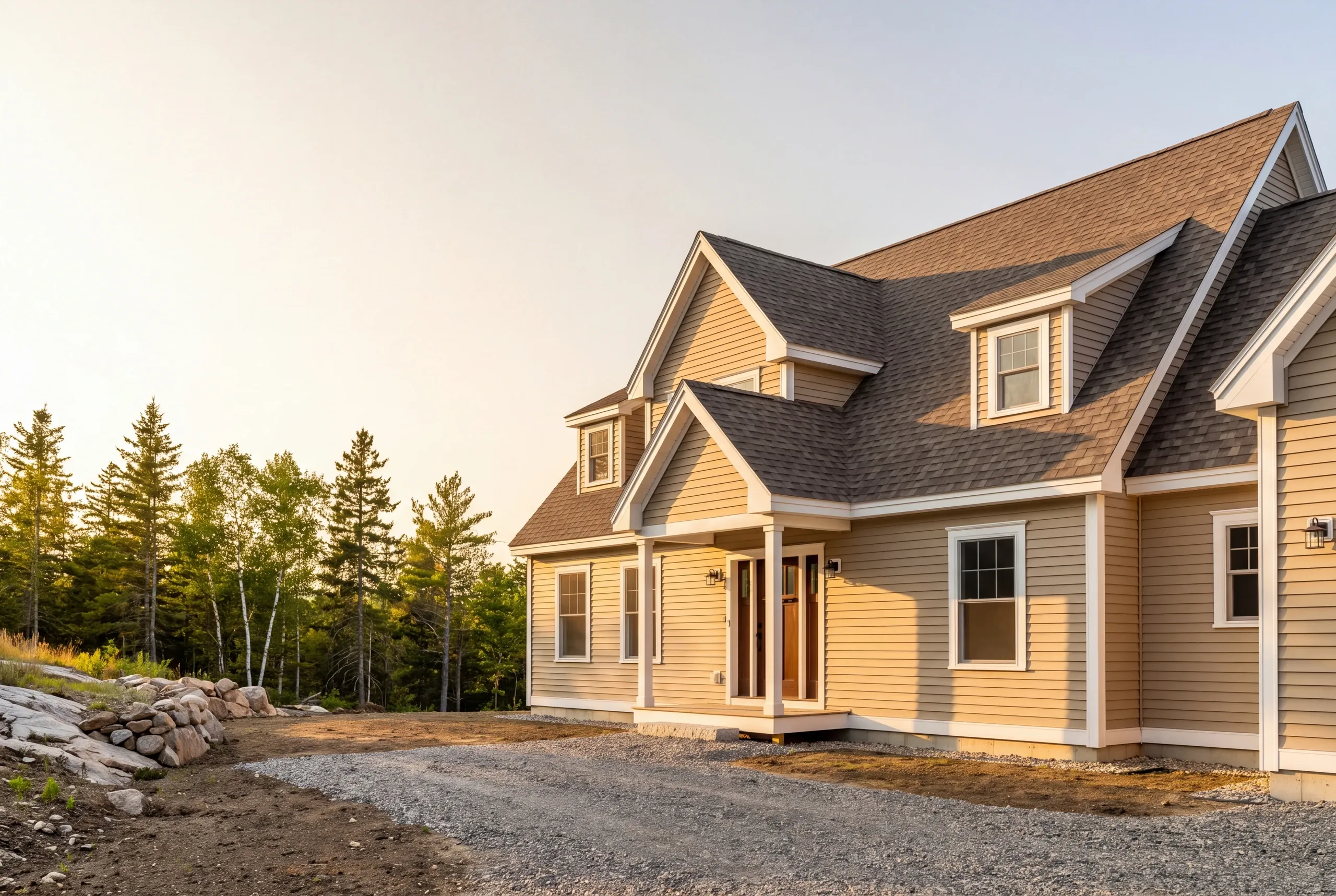 Residential home builder Lincolnville Maine: tan house with dormers, stacked front gables and a columned porch at golden hour