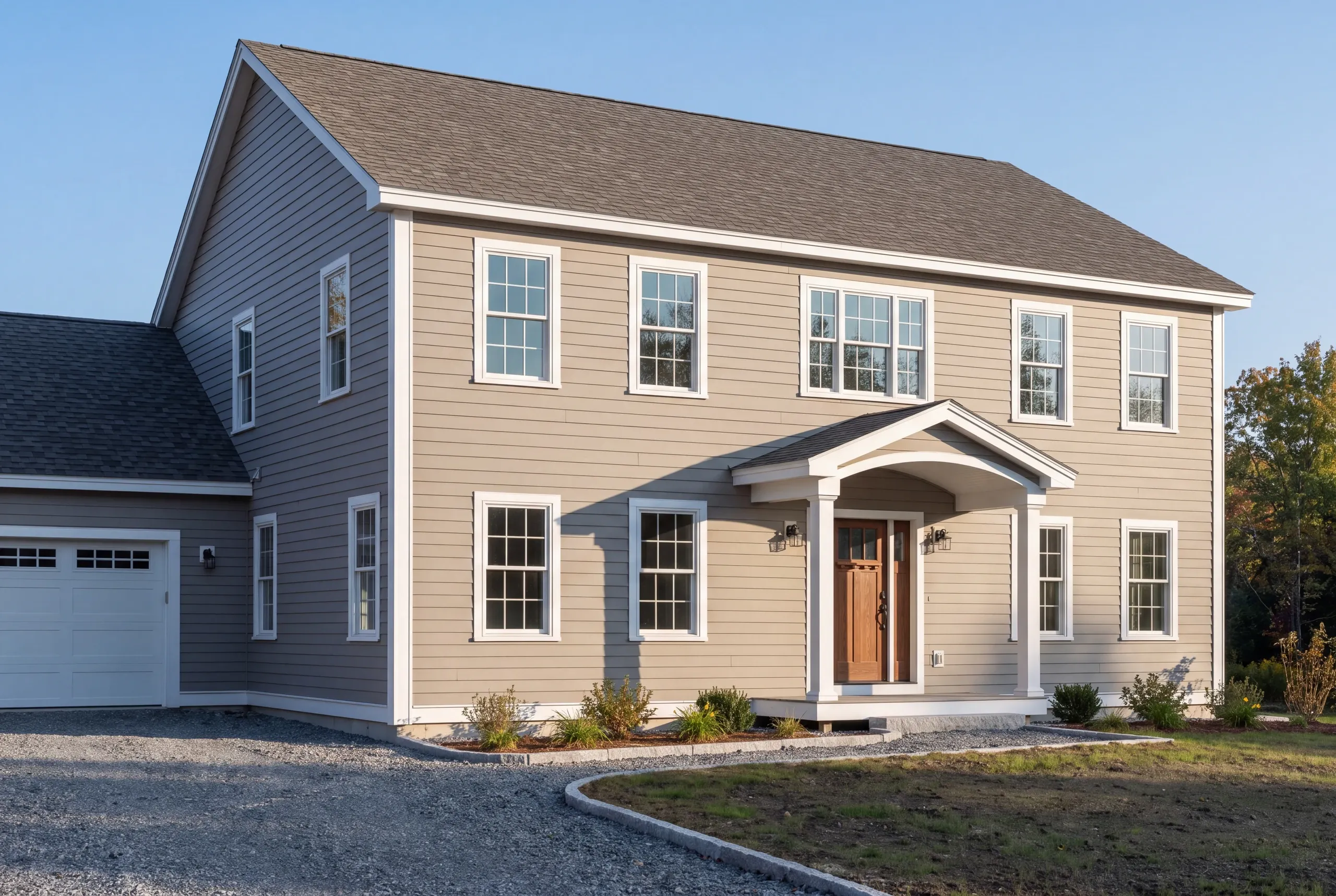 Custom home builder in Pittsfield, ME: taupe two-story colonial with an arched portico and an attached single-door garage