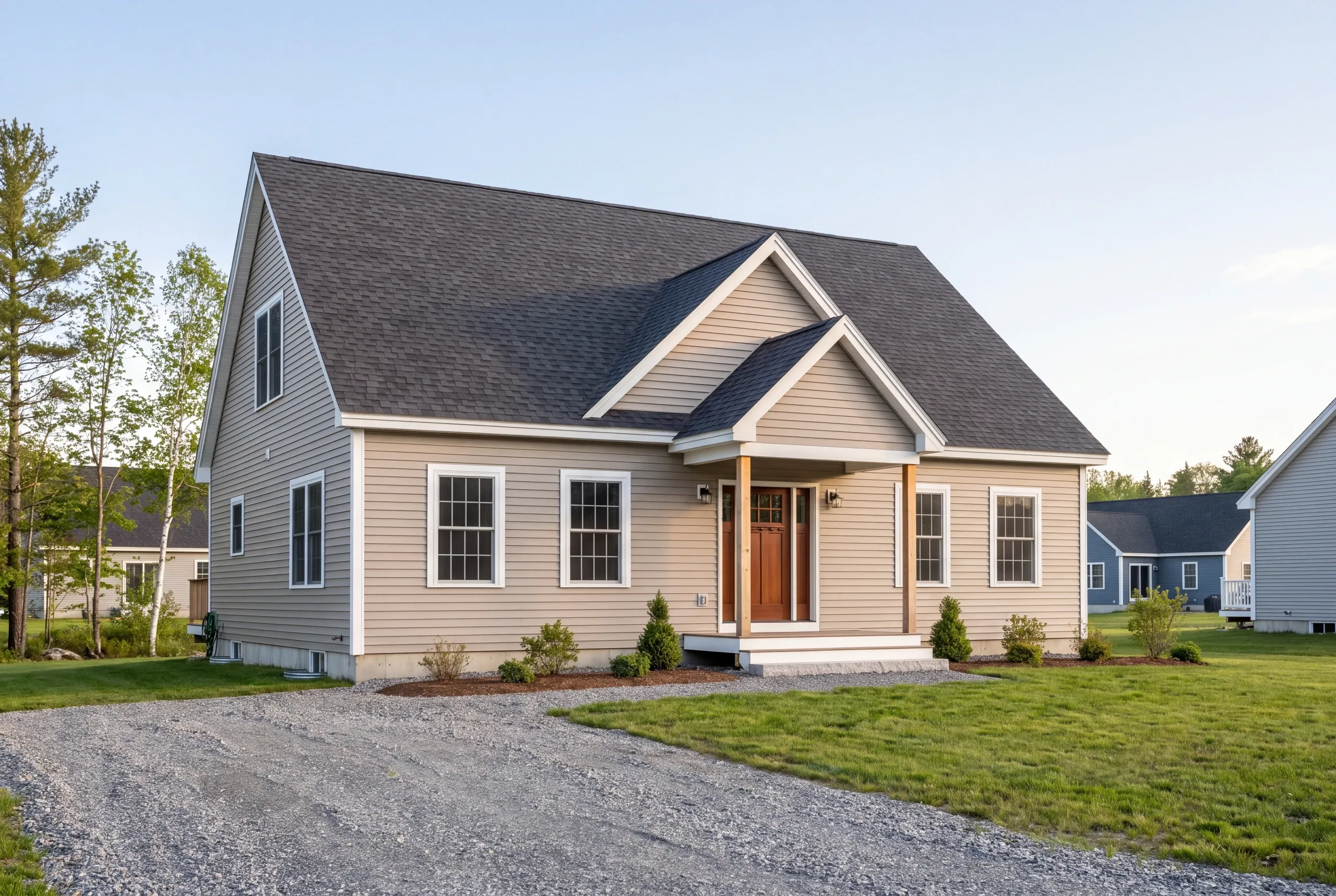 Residential home builder Pittsfield Maine: taupe cape with a gabled portico, a fresh lawn and neighboring homes down the road