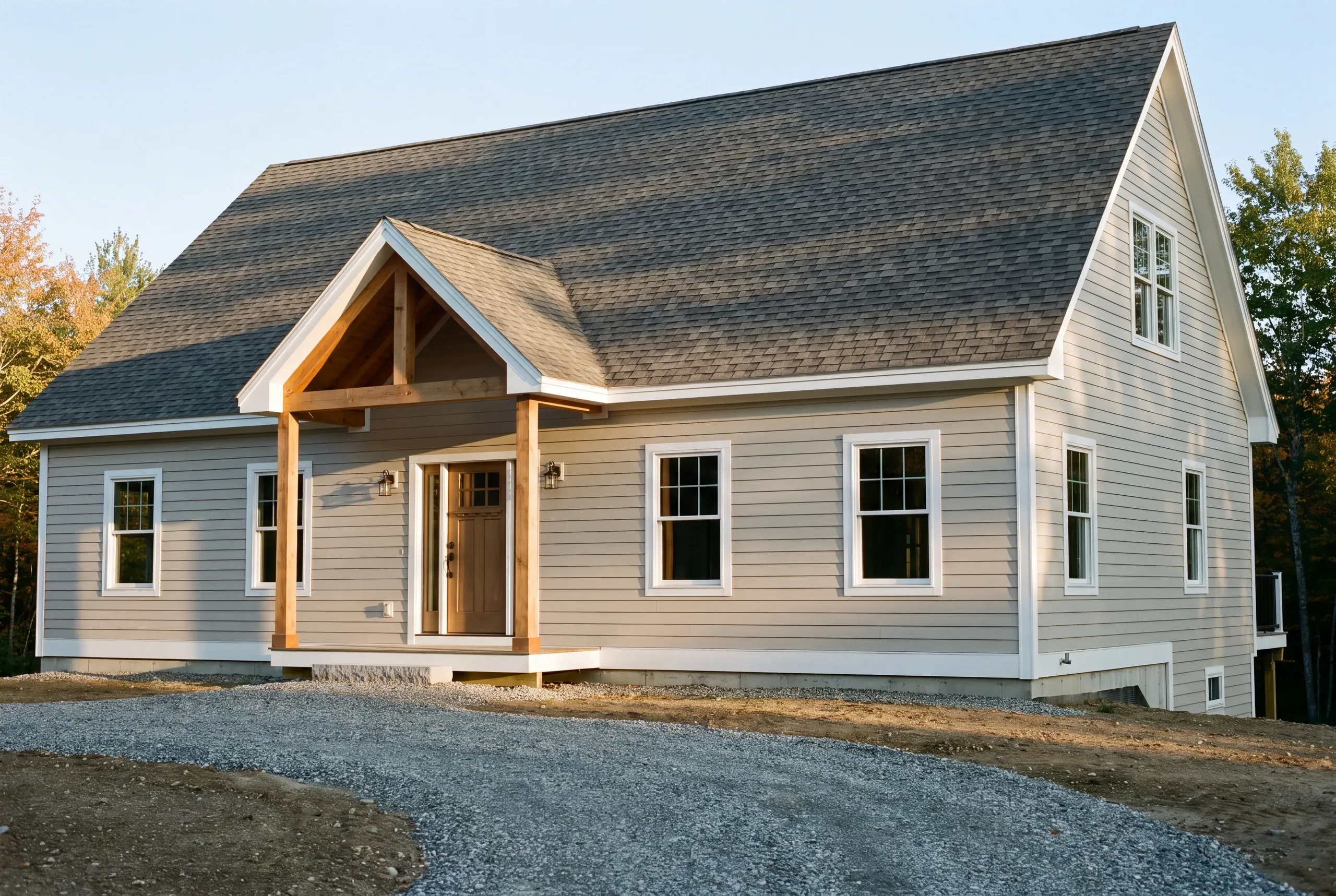 Custom home builder Pittsfield Maine: gray-taupe cape with a timber gable entry porch and a fresh gravel drive