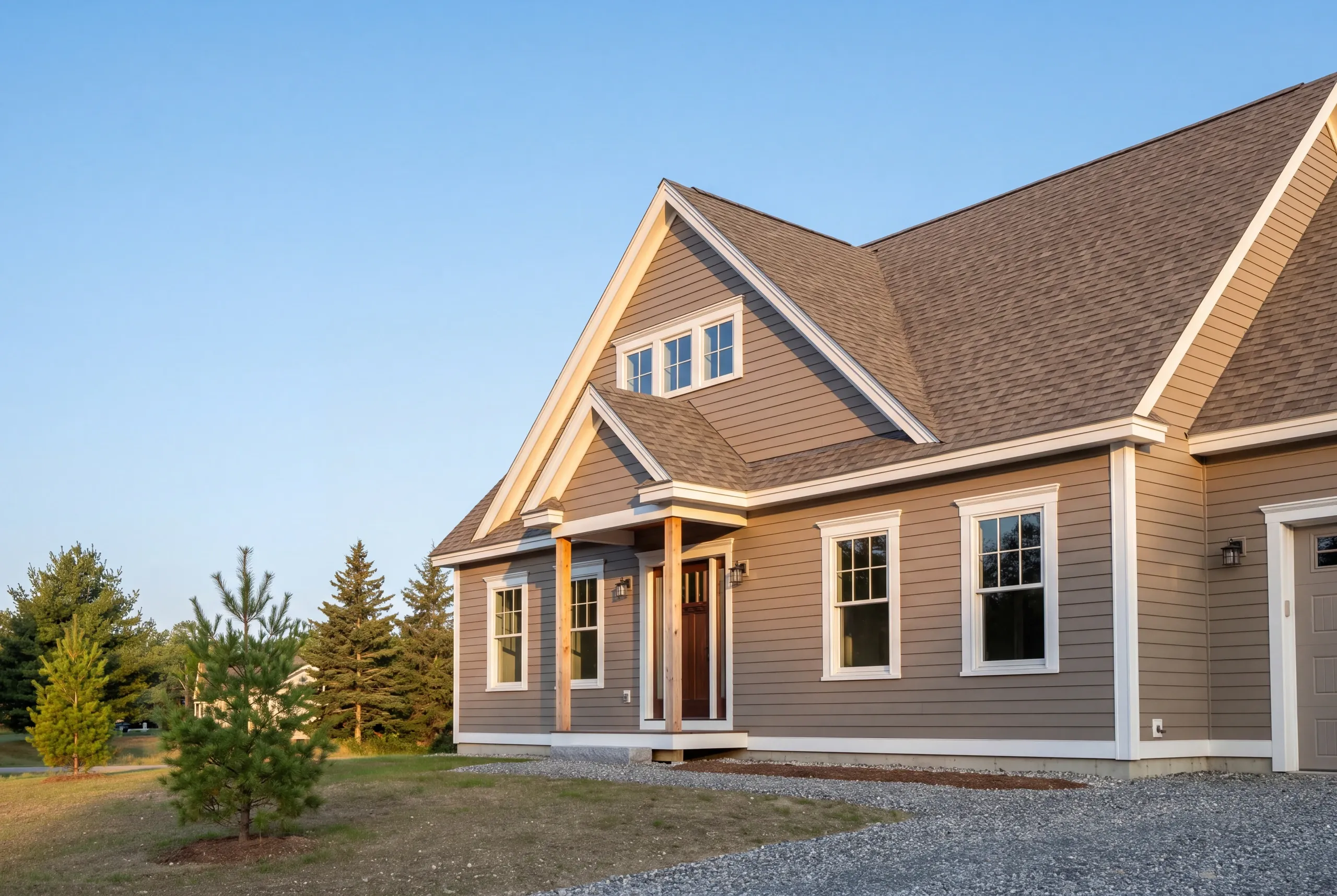 New home builder Pittsfield Maine: tan house with a front gable, columned porch, attached garage and a young pine