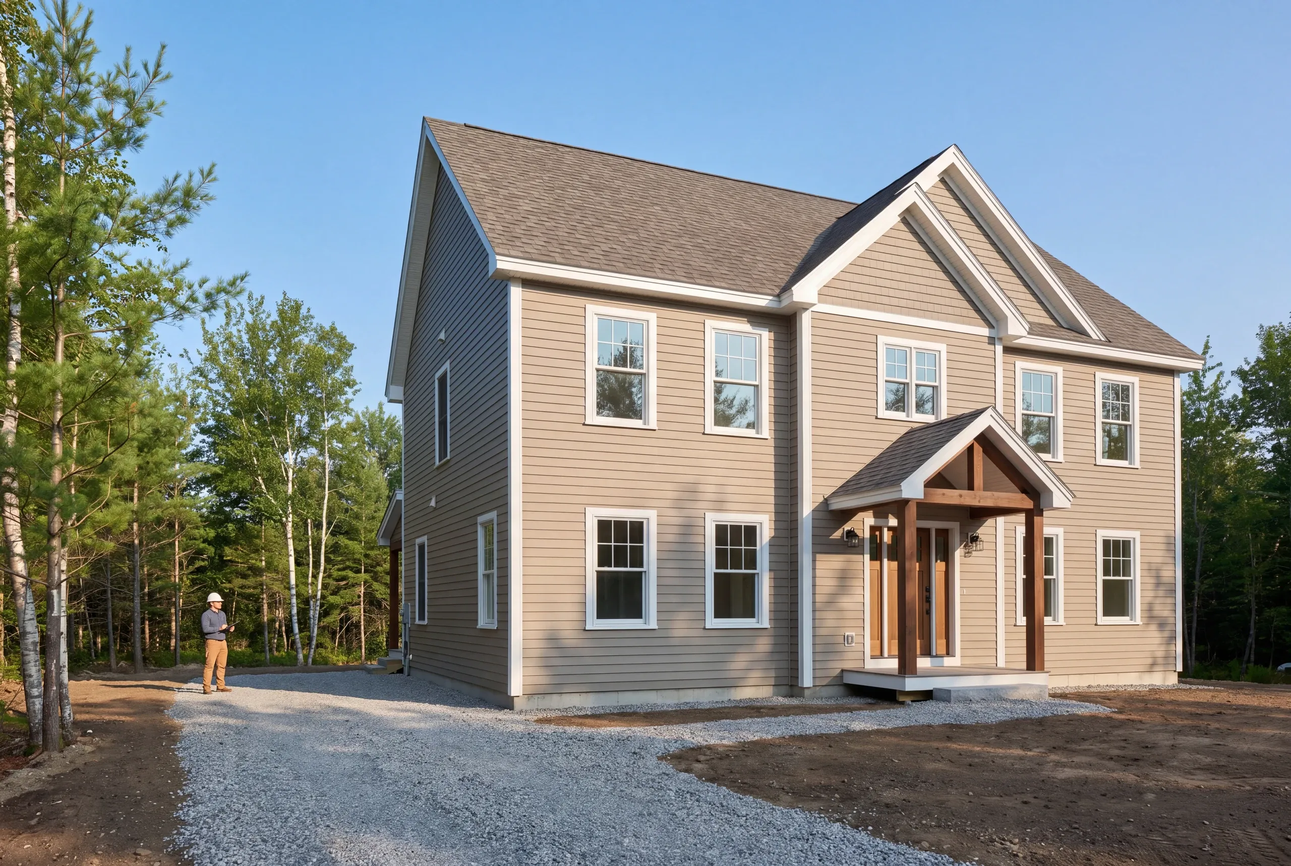 Custom home builder in Pittston, ME: finished two-story colonial in tan lap siding with a timber entry porch, a man in a hard hat at left