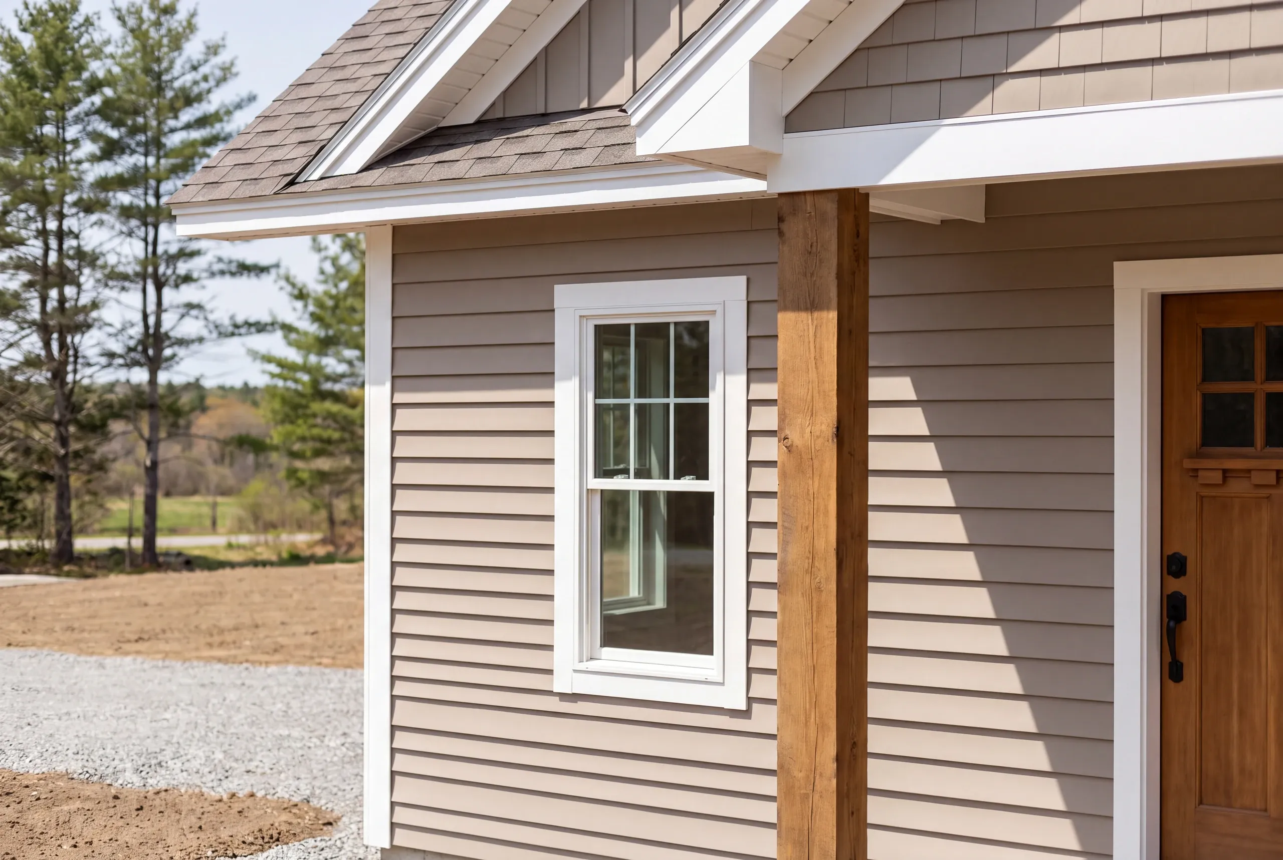 New home builder Pittston Maine: close view of taupe lap siding, a white window and a timber porch post by a wood door