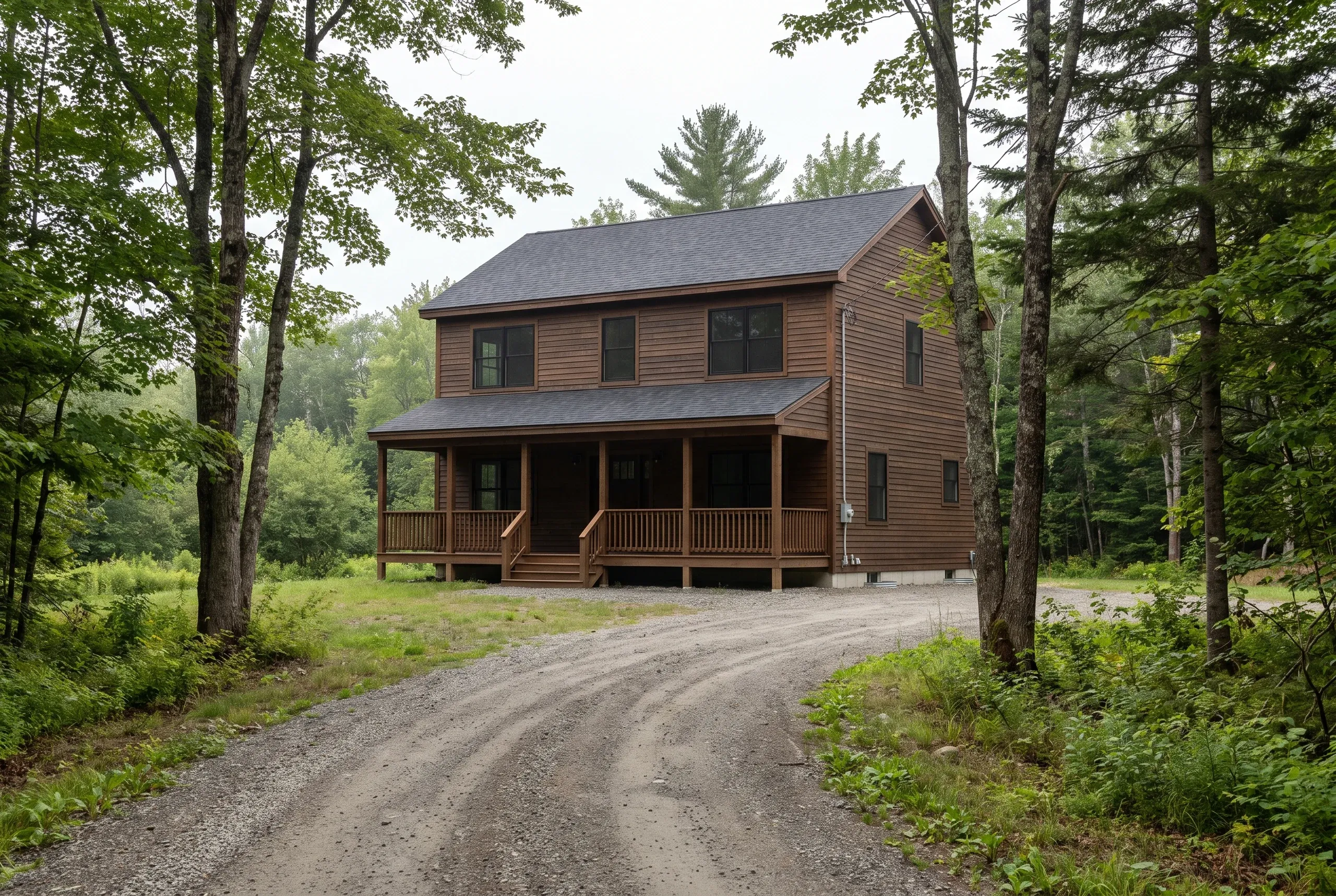 Residential home builder Pittston Maine: finished cedar-sided colonial with front porch and shingled roof in the woods