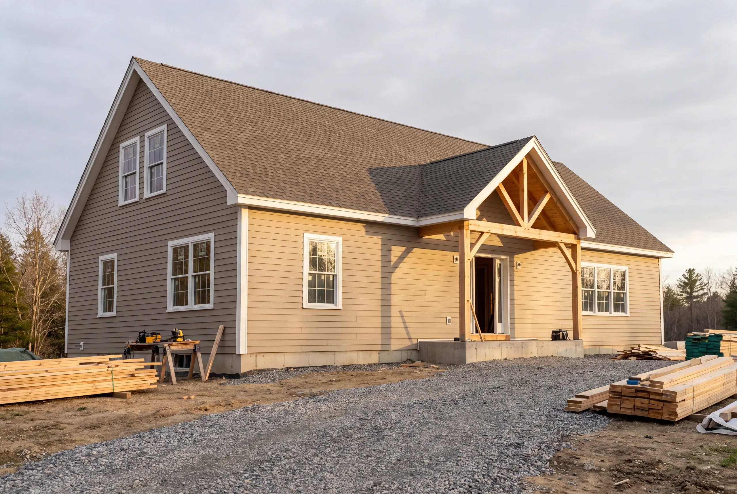 Custom home builder Pittston Maine: cape with taupe lap siding, a timber-frame entry porch and lumber stacked by the gravel drive