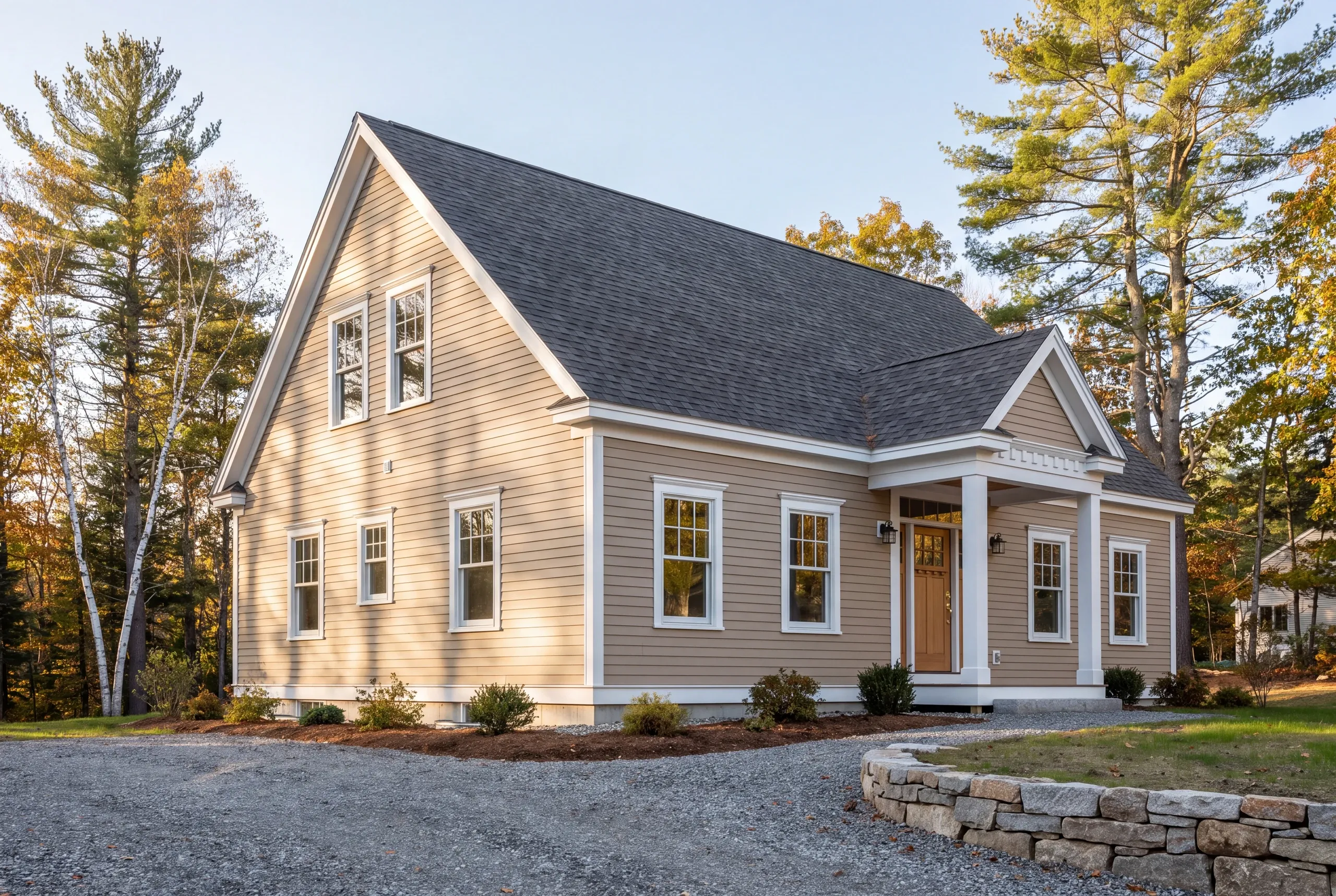 New home builder Pittston Maine: finished cape in tan lap siding with a white columned entry and a stacked stone wall by the drive