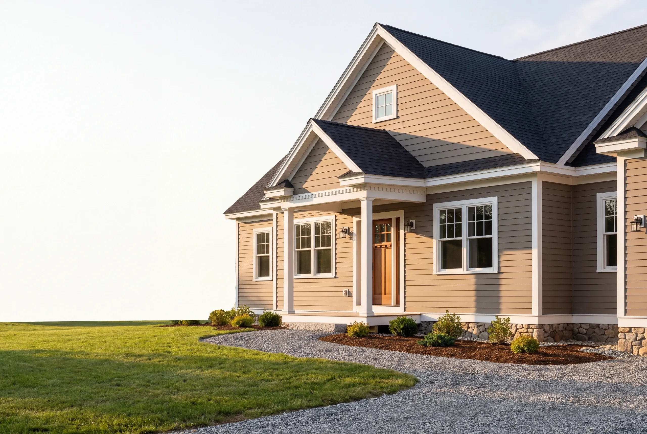 Residential home builder Pittston Maine: finished tan cape with a columned entry, stone-faced base and a curving gravel drive at sunset