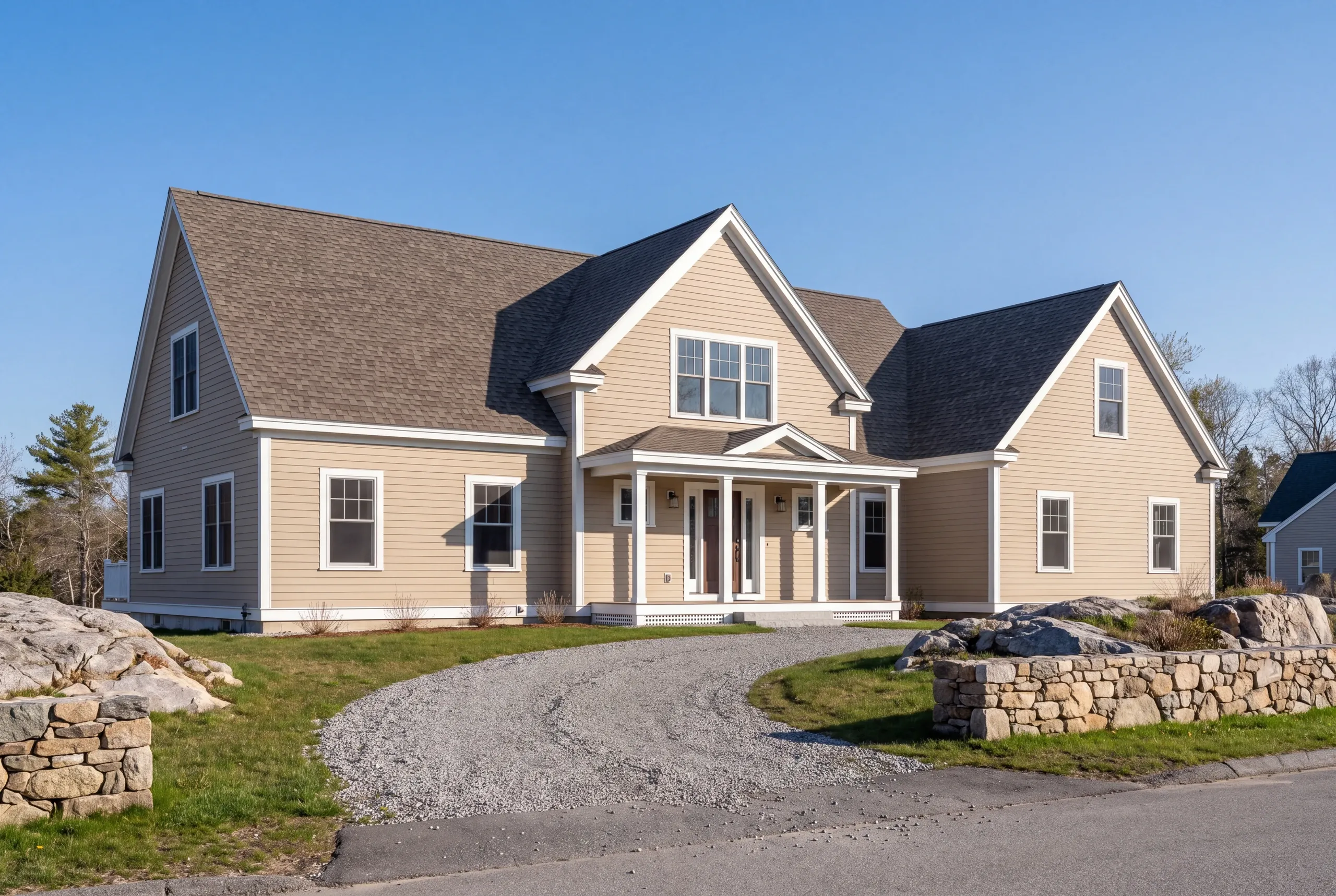 Custom home builder in Rockland, ME: finished cape in tan lap siding with a cross-gable wing, boulders and a looping gravel drive